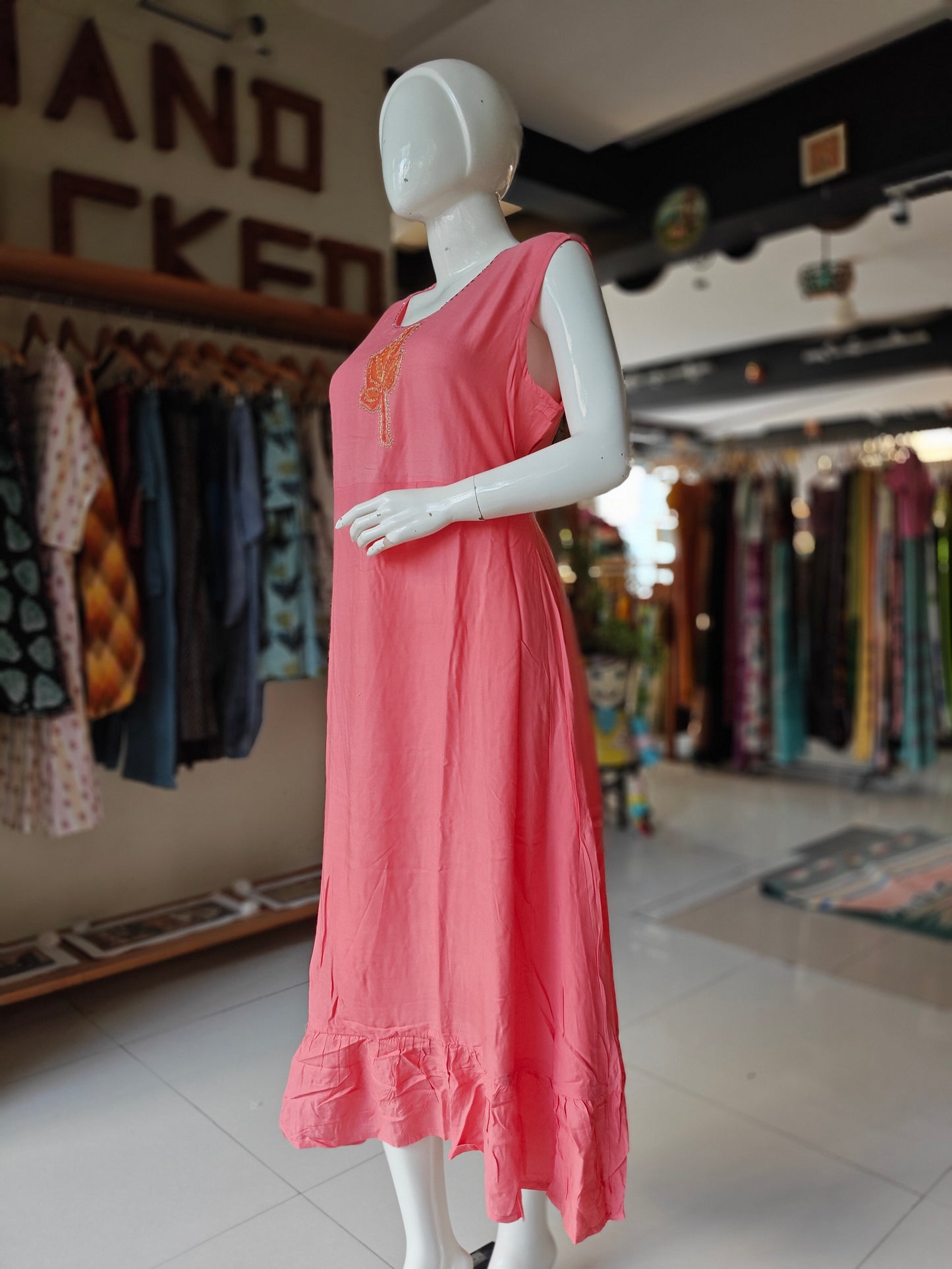 Peach with flower embroidery long dress