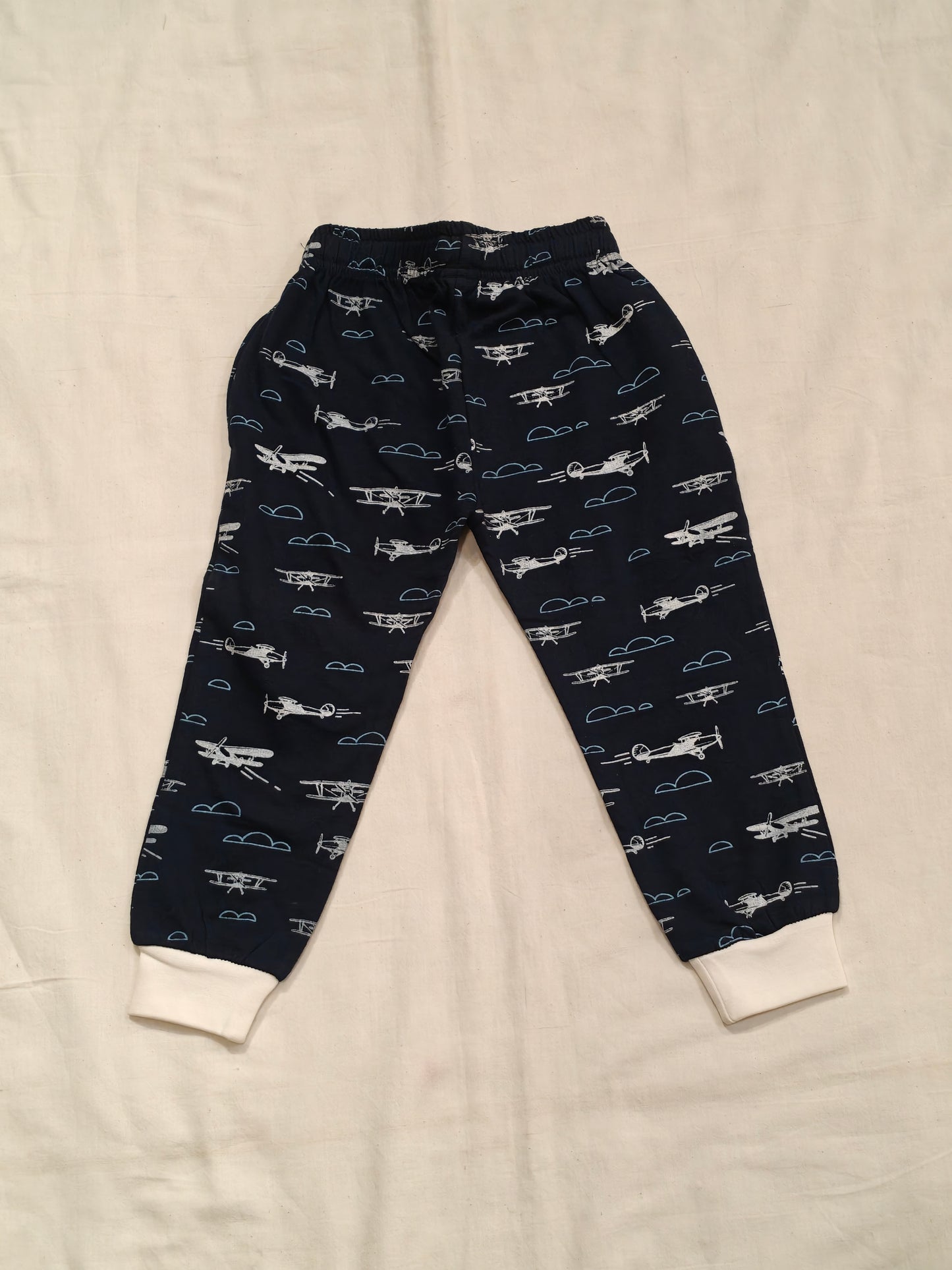Navy blue cotton jogger pants with Aircrafts print for children
