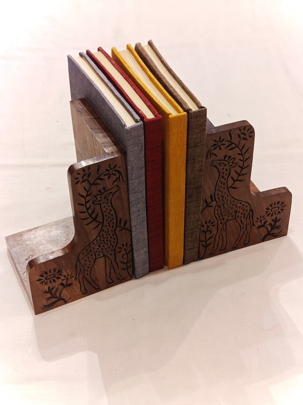 Wooden engraved Giraffe design handcrafted bookends pair
