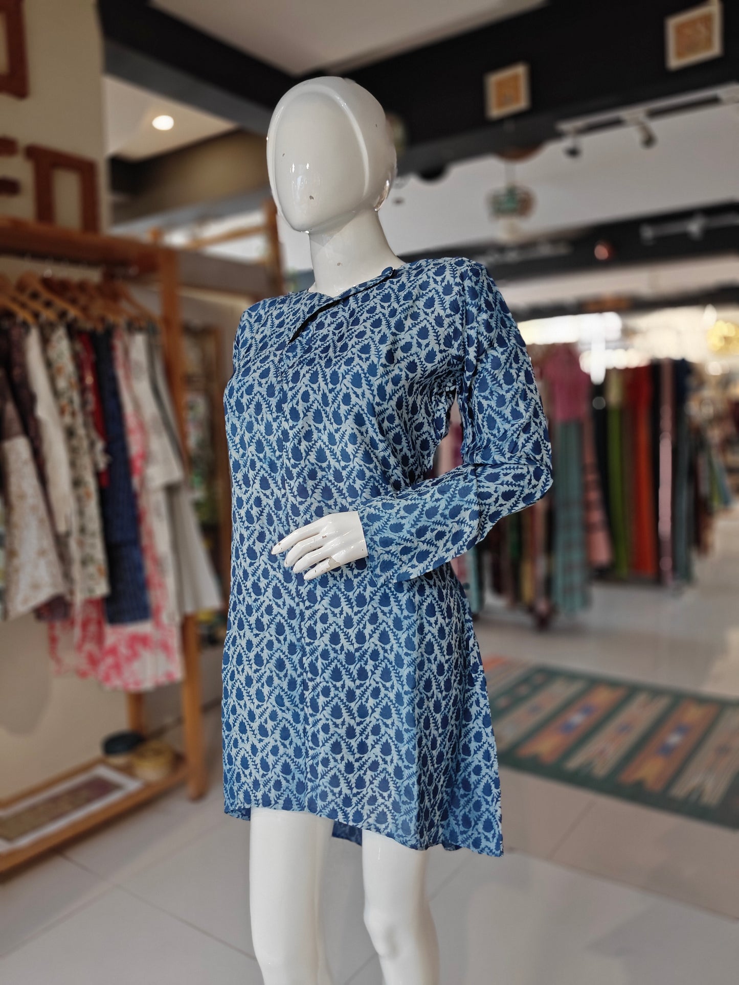 Indigo and white leaves handblock printed modal short dress with full sleeves