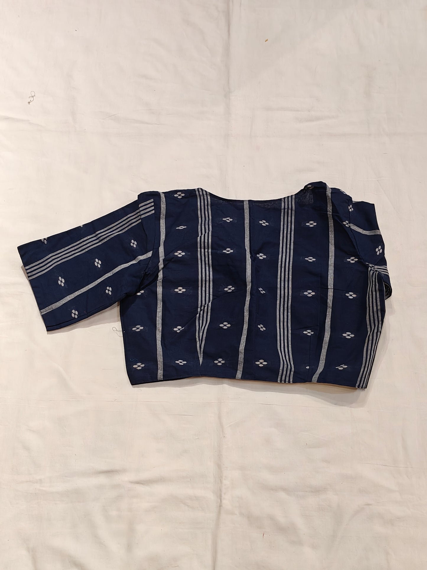 Navy blue and white jamdani elbow sleeved cotton blouse