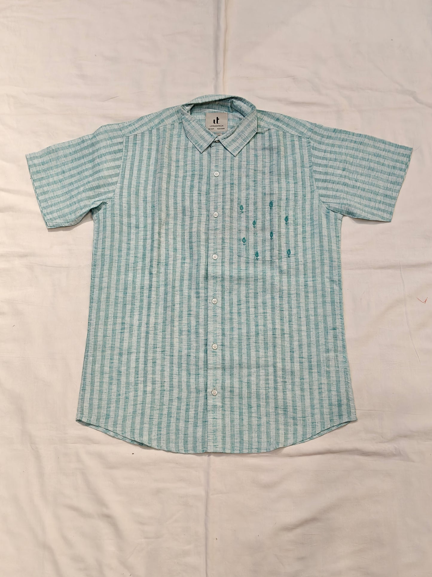 Turquoise and white striped with embroidered pocket cotton shirt for men