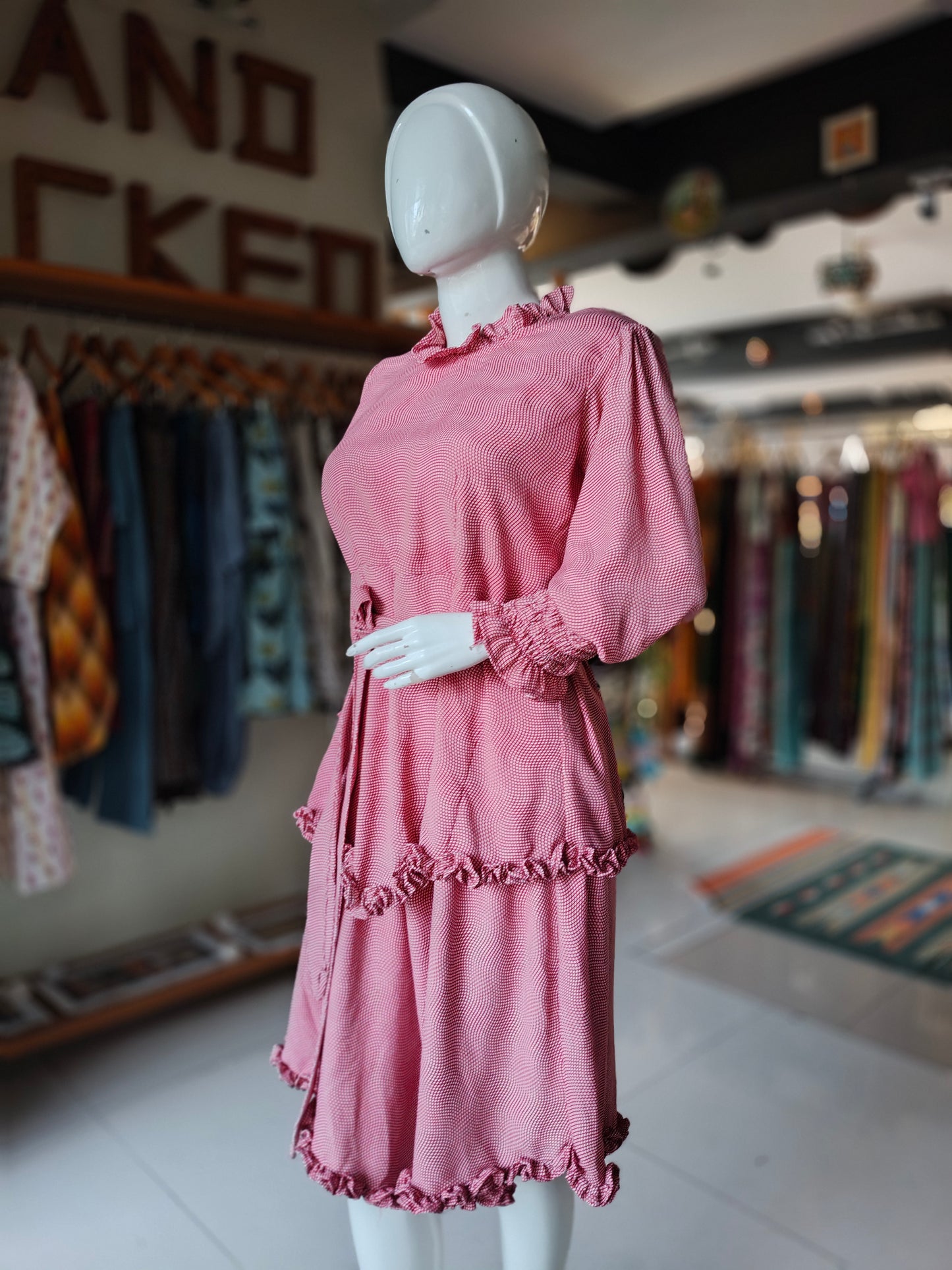 Red and white printed frilled georgette dress with waist belt