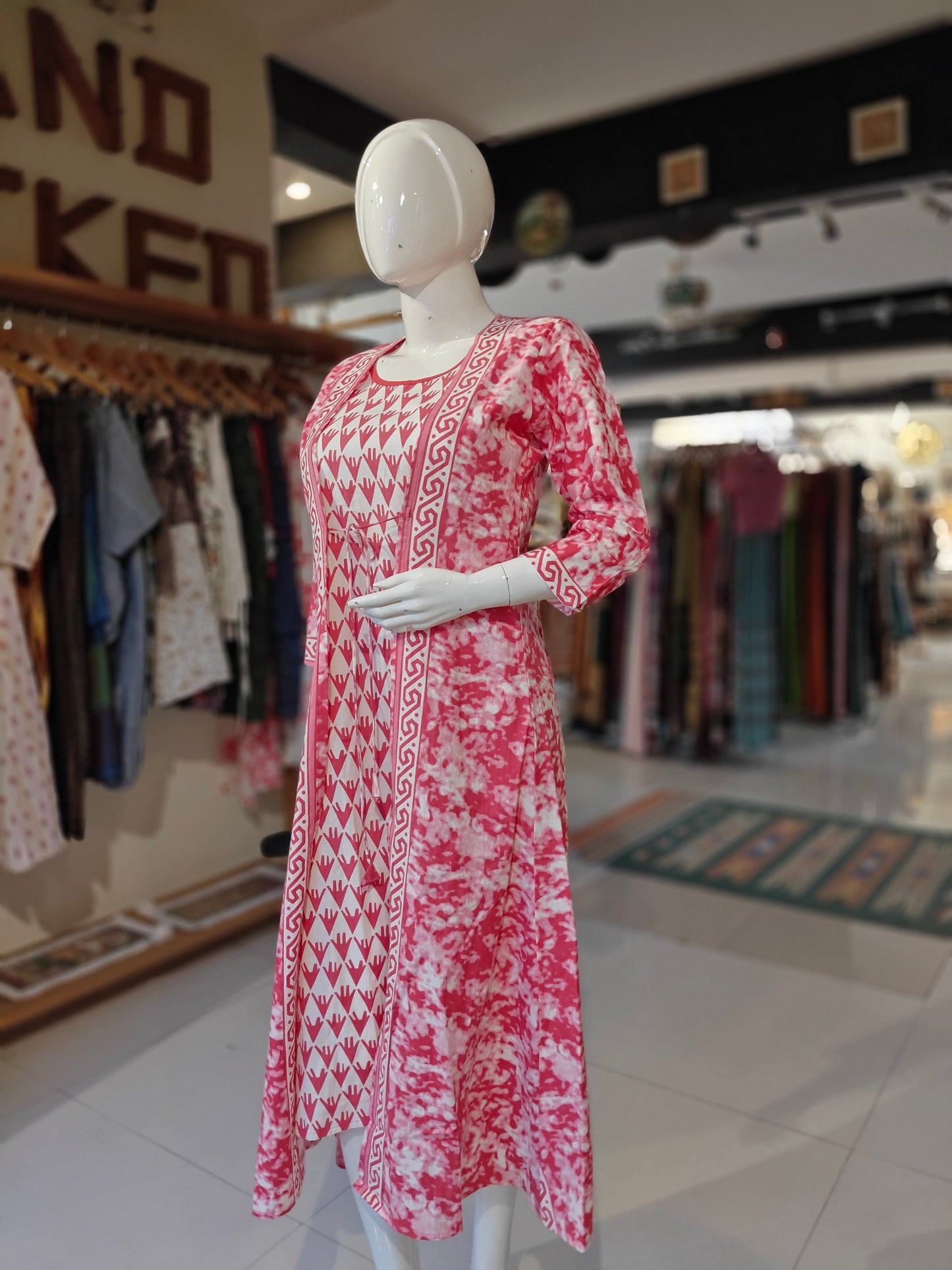 Pink and white printed dress with attached long jacket
