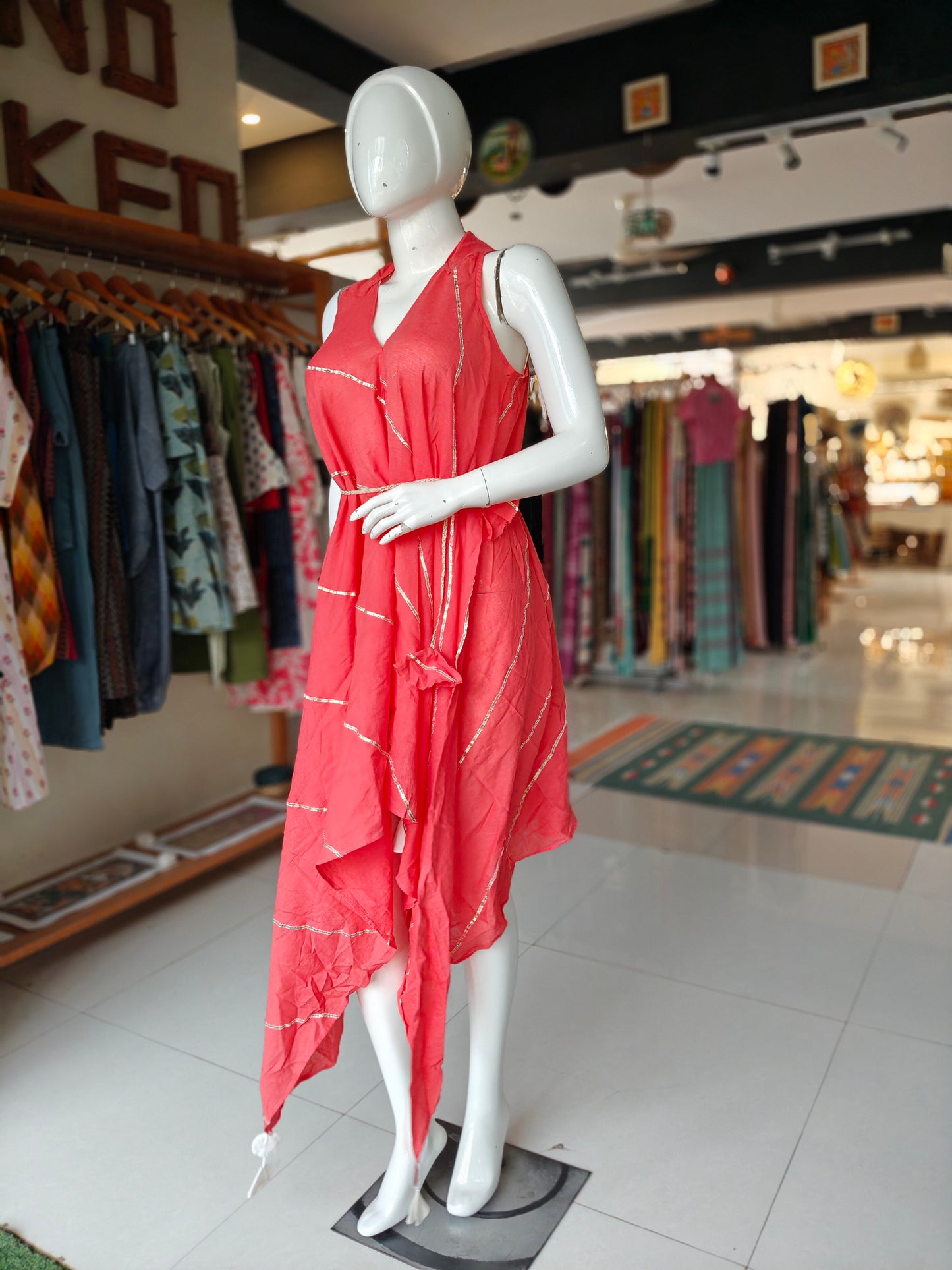 Peach cotton gota sleeveless dress with belt