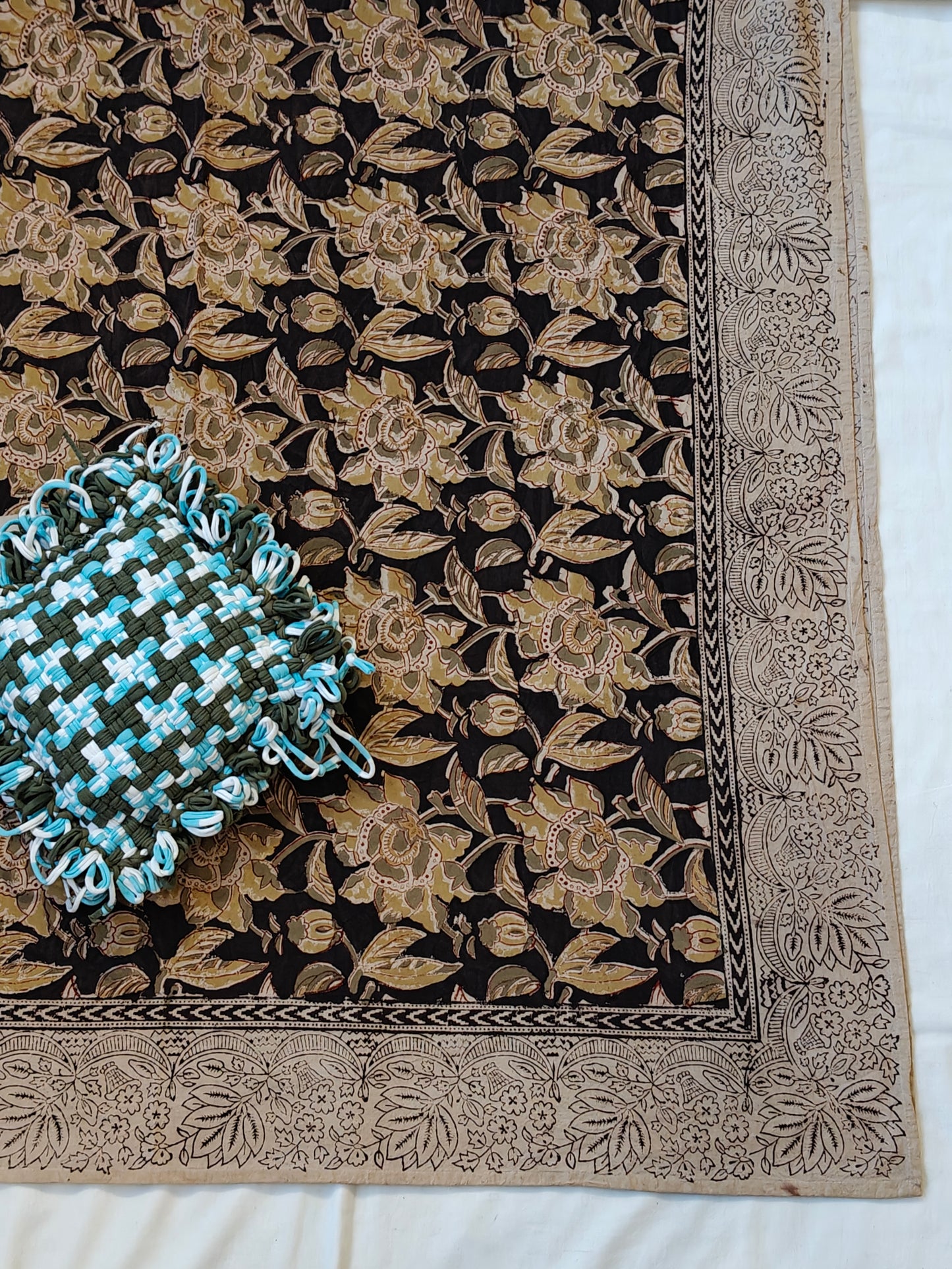 Olive green n beige floral on brown Kalamkari hand block printed Bedsheet with borders and one pillow cover