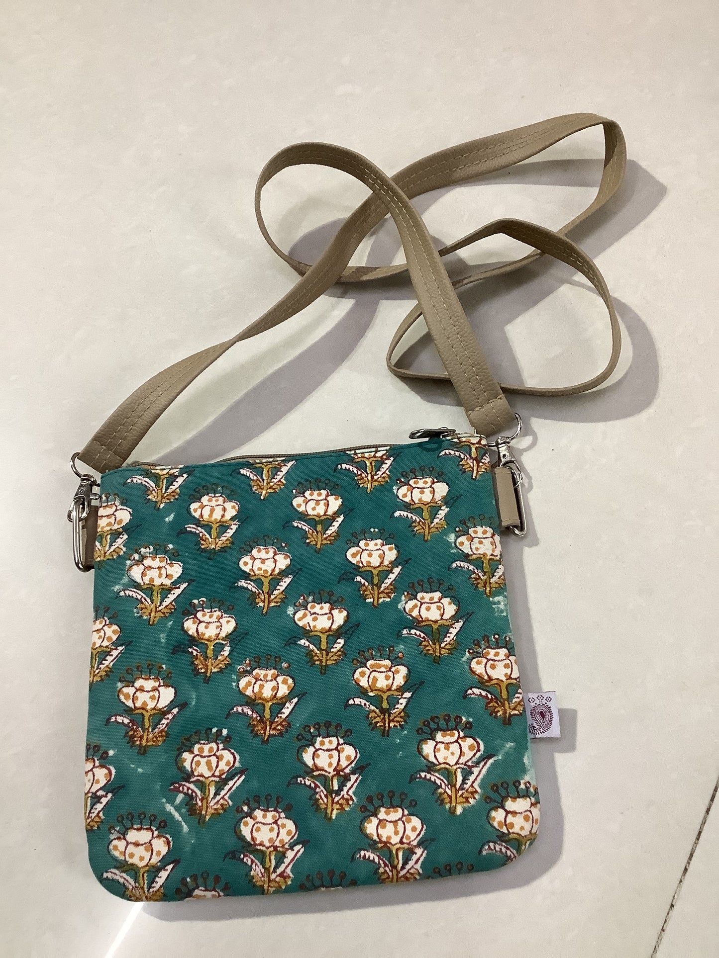 Art leather blockprint sling bag