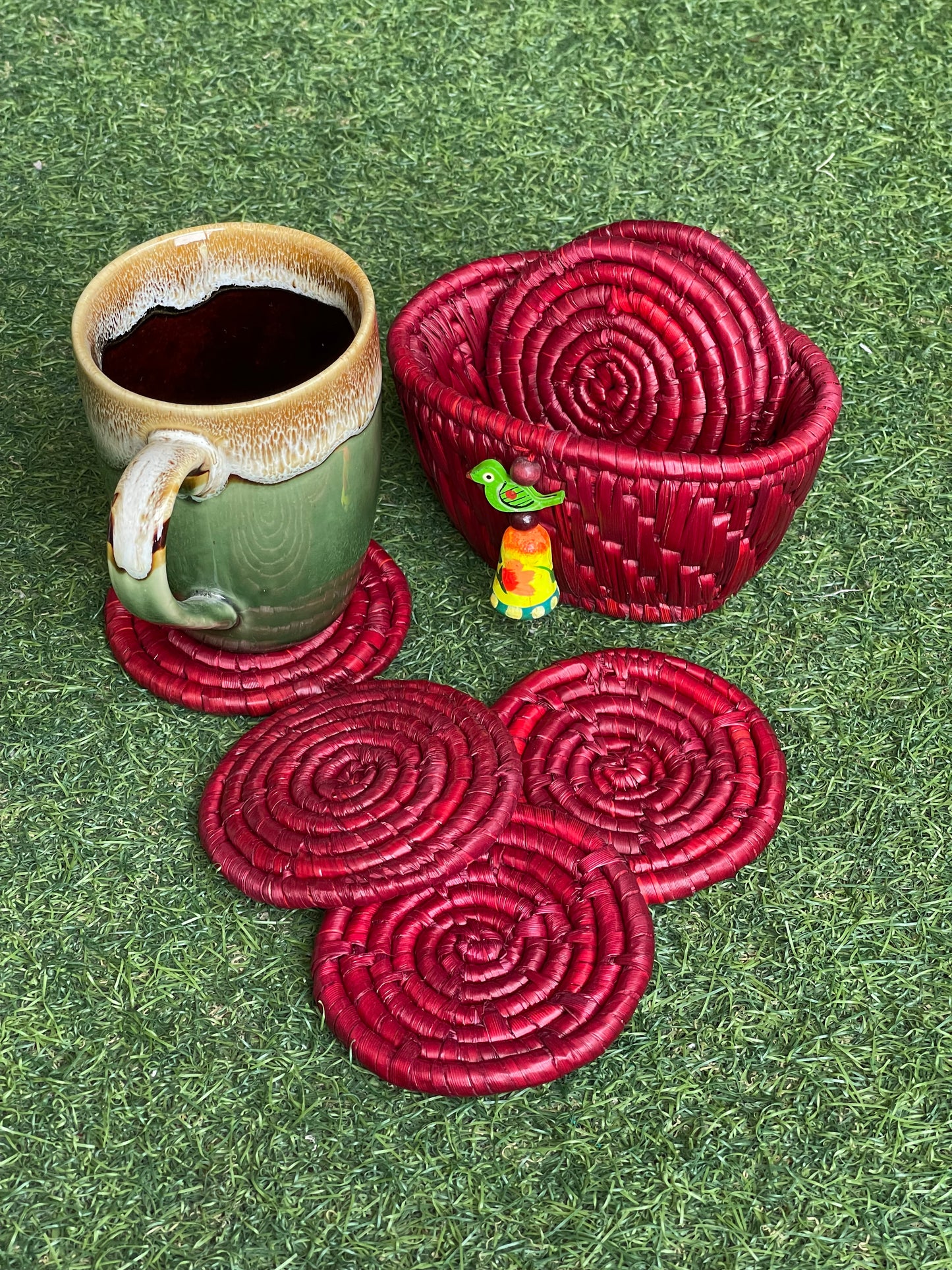 Moonj grass round coasters 6 piece set with case - eco friendly handmade product