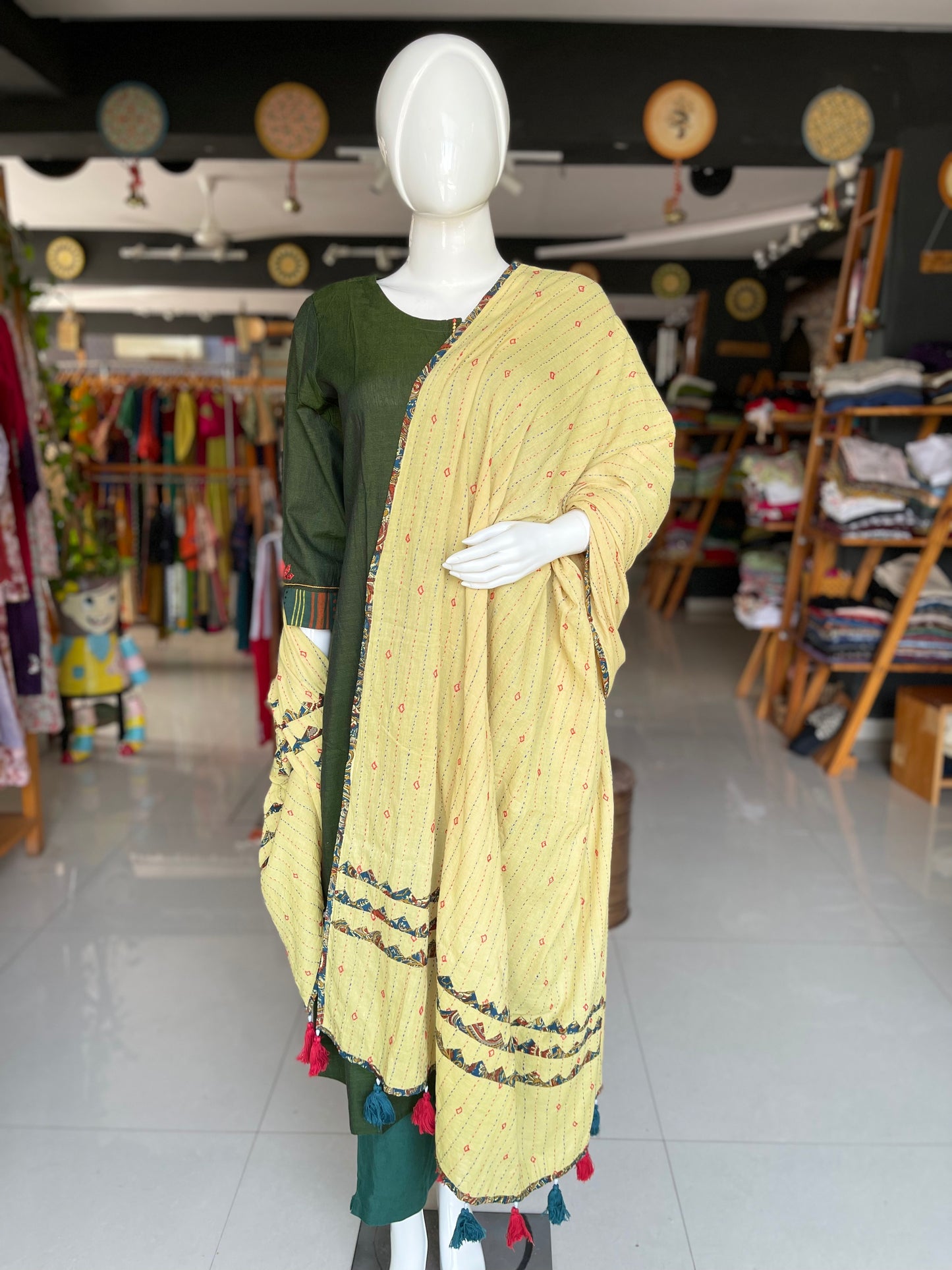 Light green mul cotton dupatta with hand embroidery and appliq