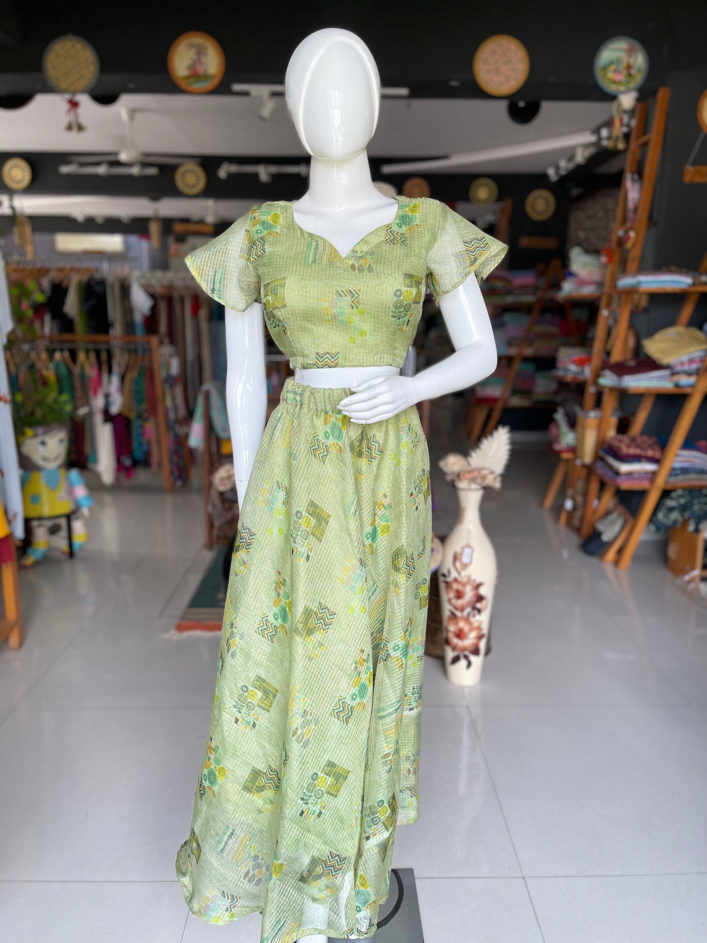 Green digital printed free size lehenga crop top set