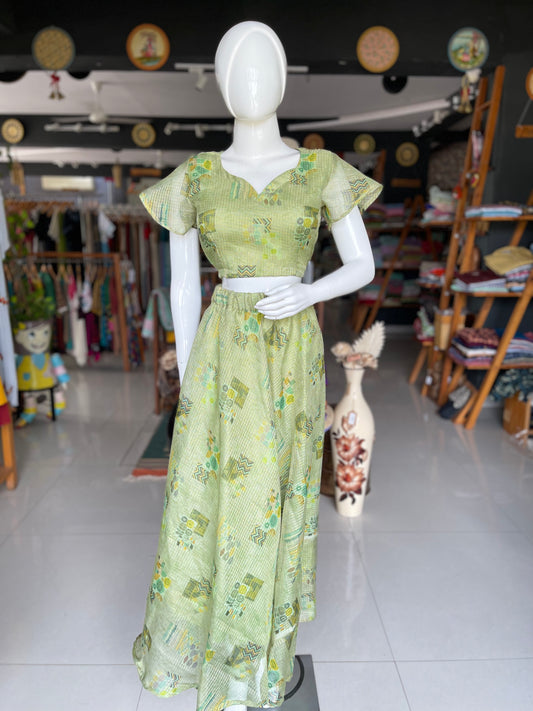 Green digital printed free size lehenga crop top set