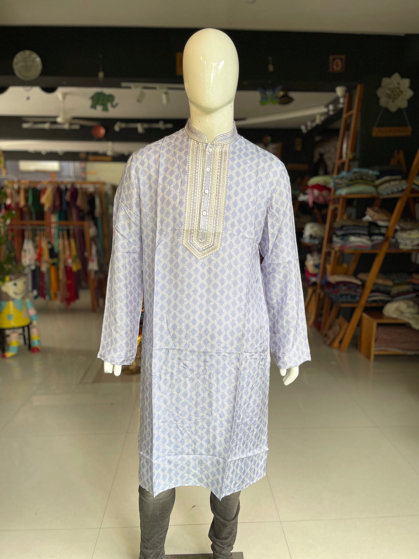 Light blue full sleeves long embroidered kurta for men