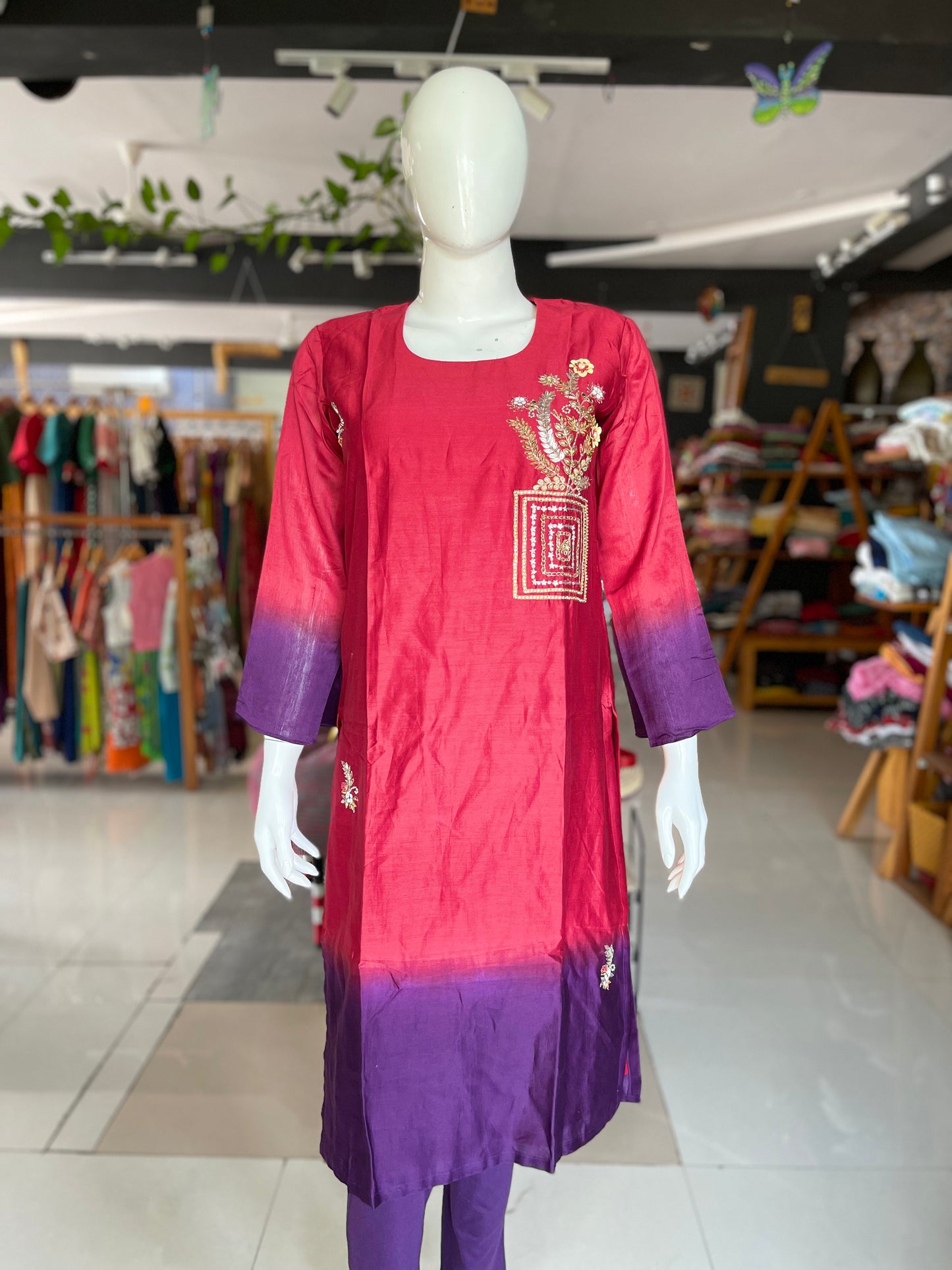 Chanderi red and purple hand embroidered kurti