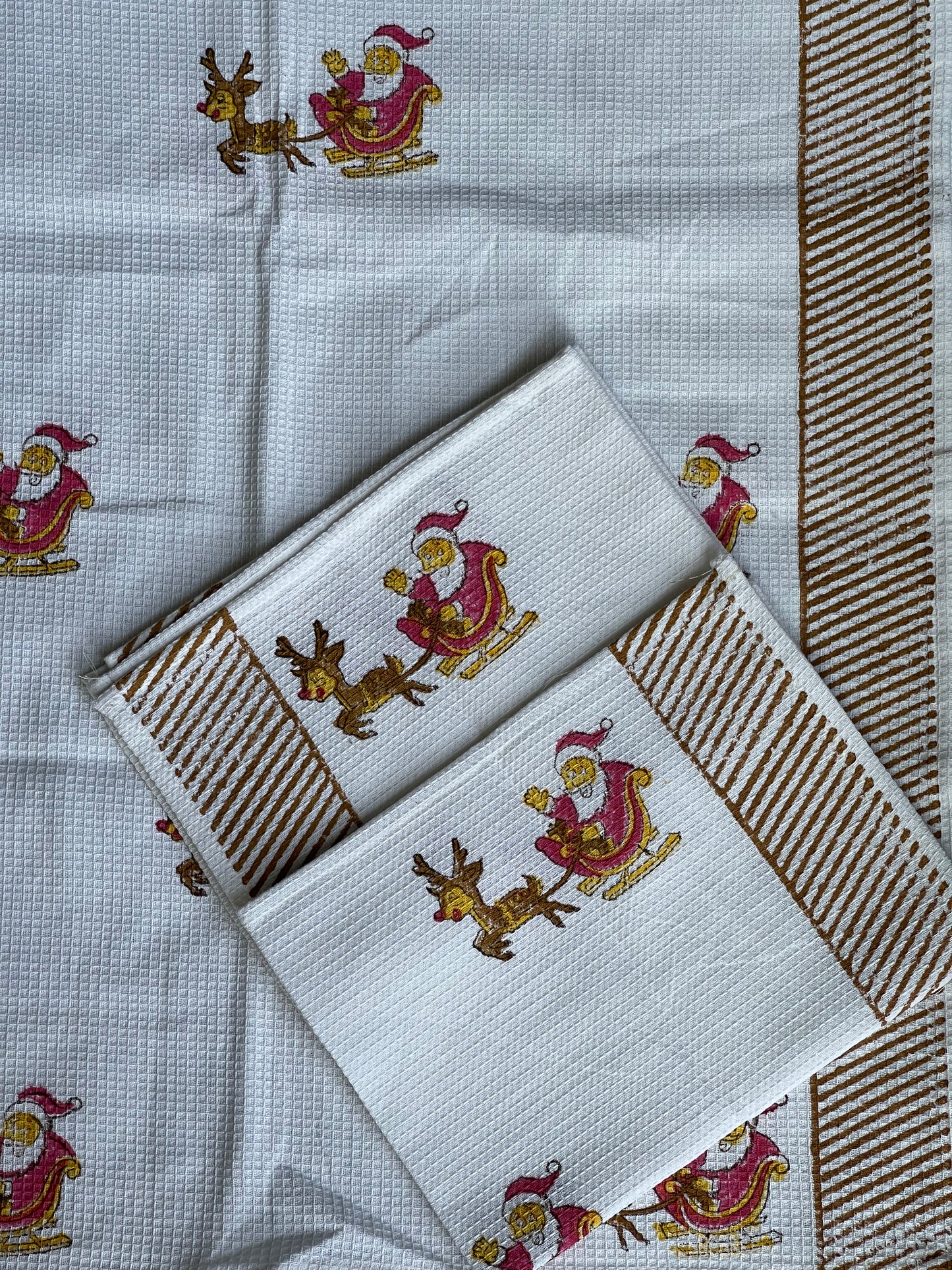 Santa and reindeer hand block printed cotton bath towel and 2 hand towels set