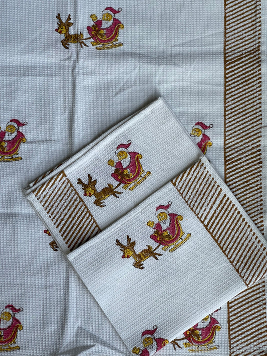 Santa and reindeer hand block printed cotton bath towel and 2 hand towels set