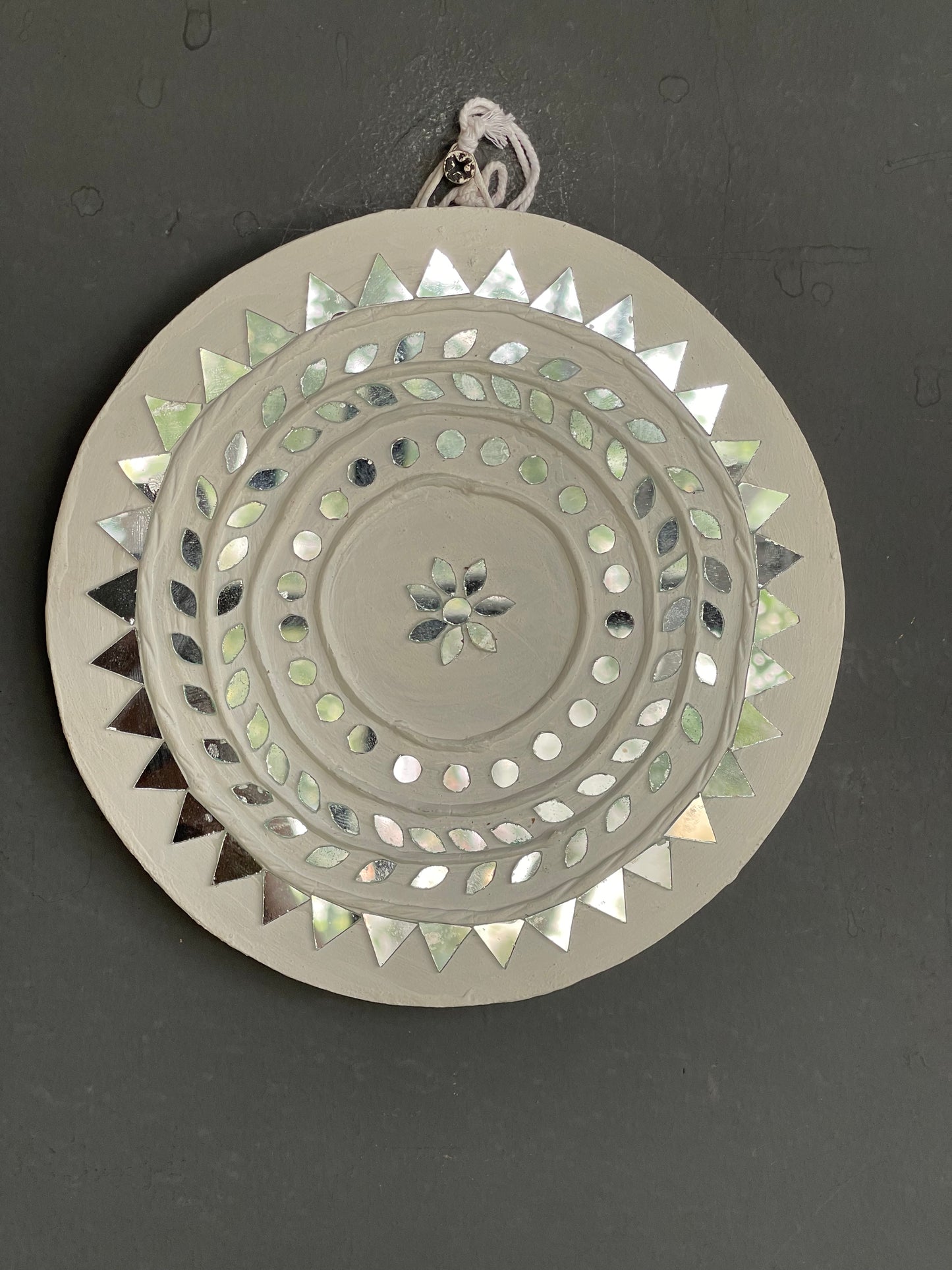 White round lippan mud art mirror work handmade wall plate