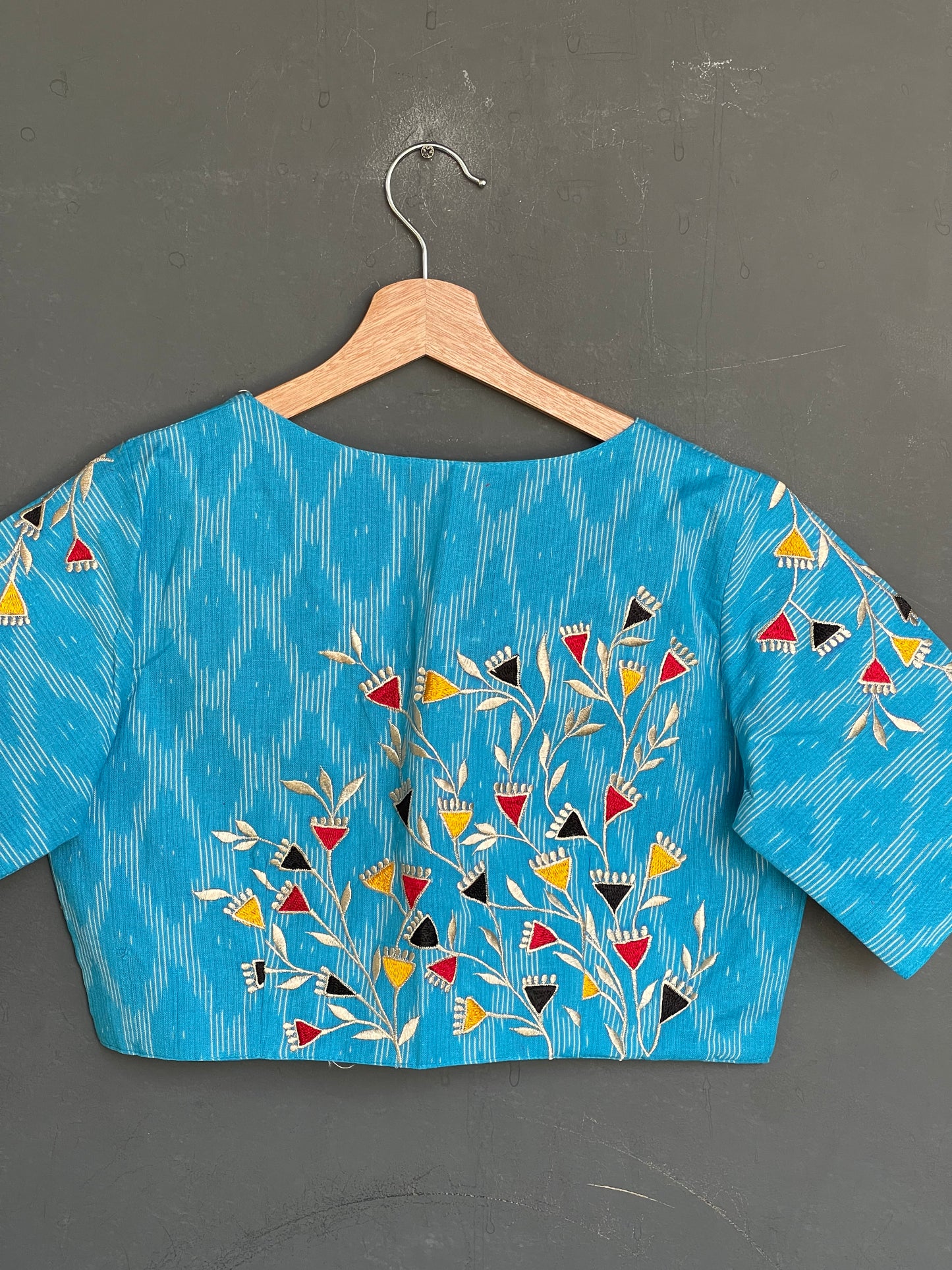 Blue ikat front open blouse with back and sleeves embroidery - triangular flowers and leaves