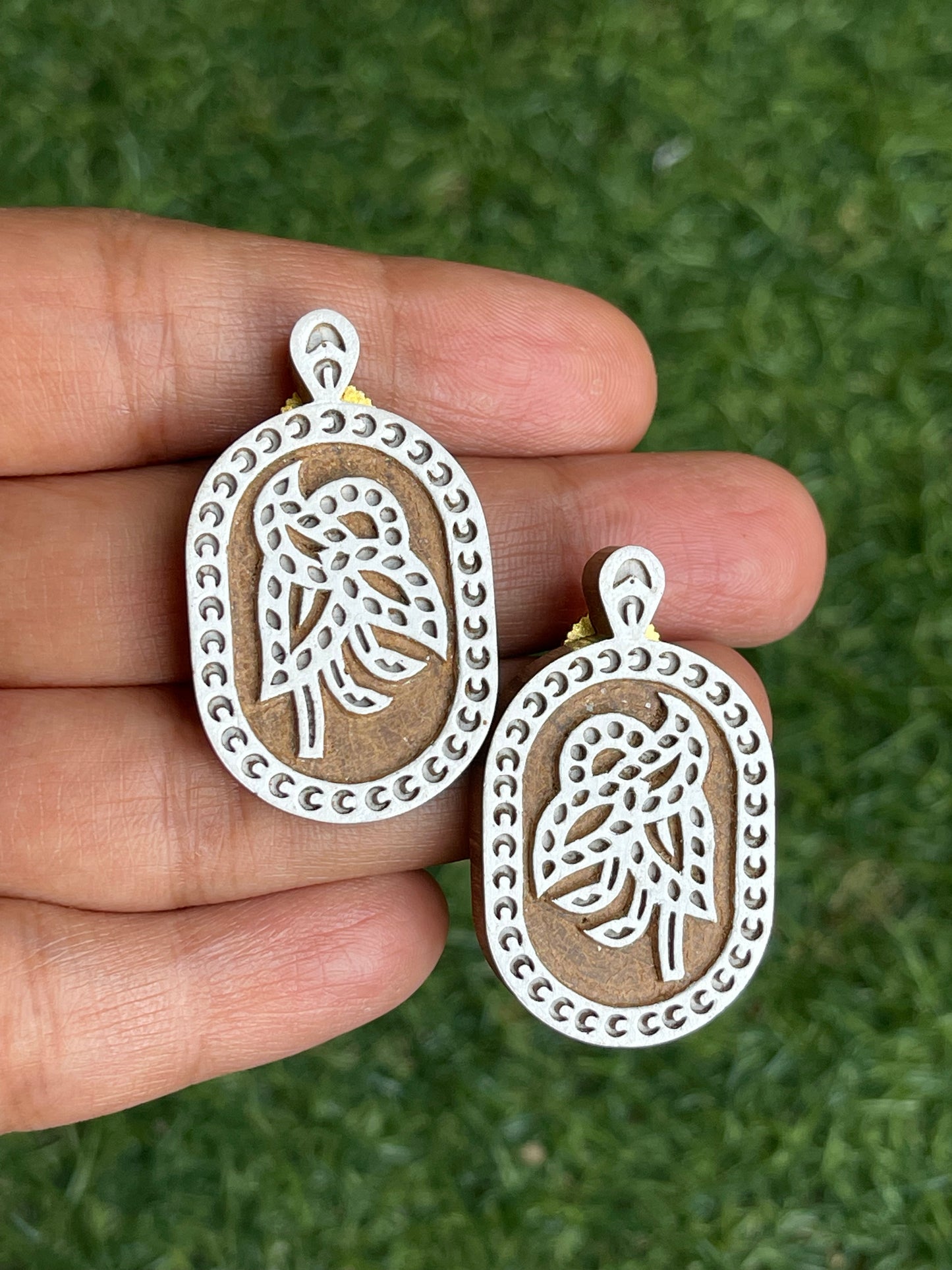 Rounded rectangle shaped wooden block carved handmade earrings / studs