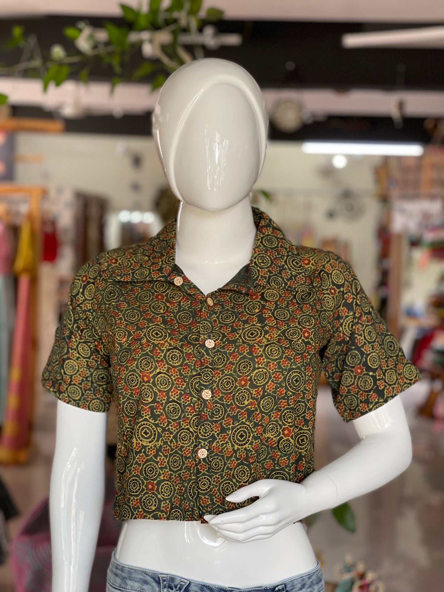 Ajrakh hand block printed green cotton crop shirt