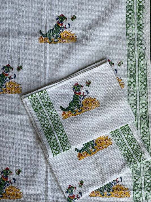 Green tiger hand block printed cotton bath towel and 2 hand towels set