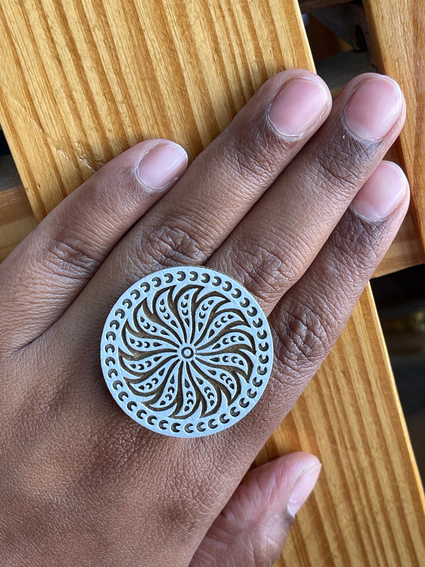 Flower / wheel design wooden block carved handmade adjustable size finger ring