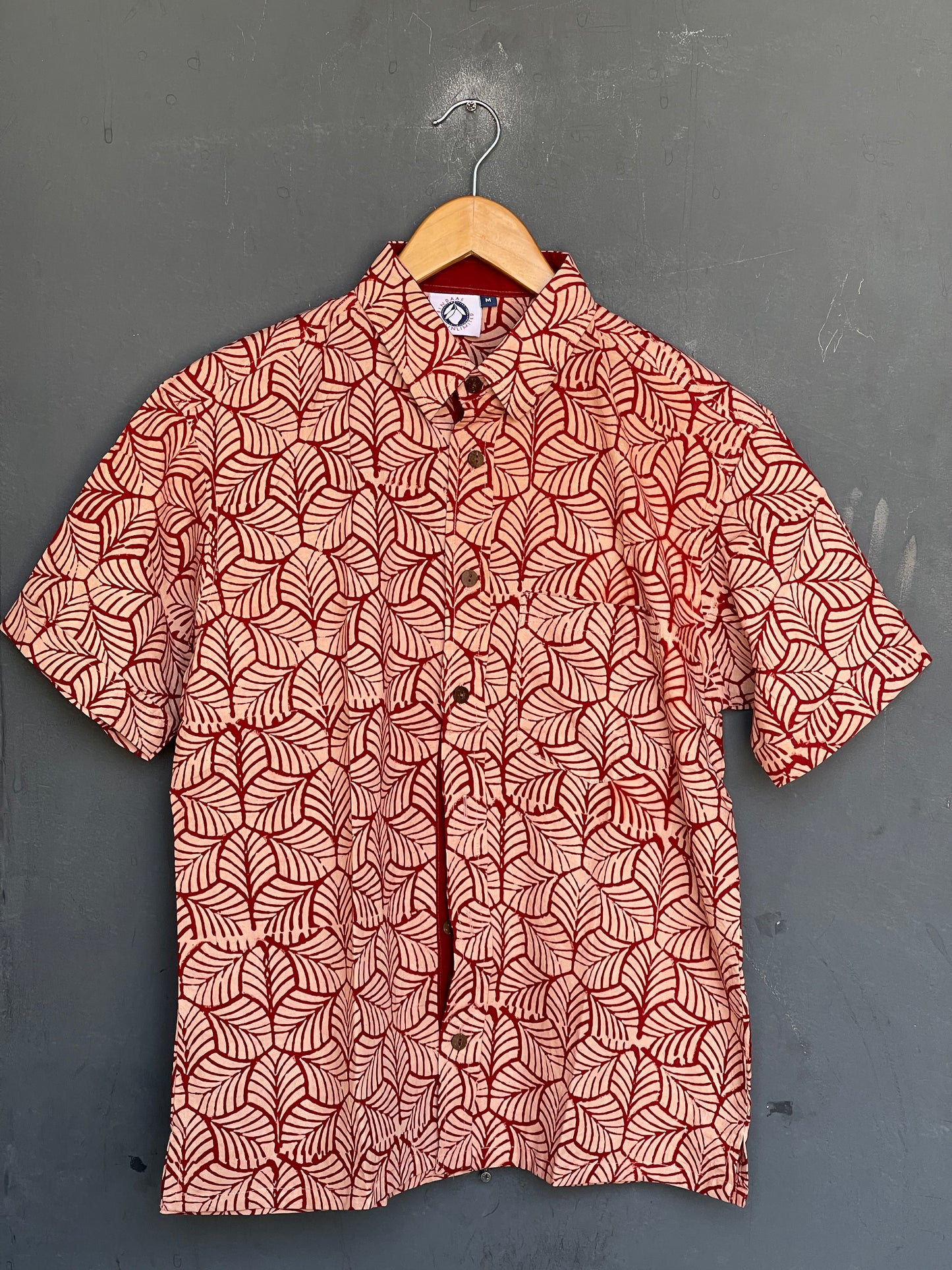 Maroon leaves design half sleeves mens hand block printed cotton shirt