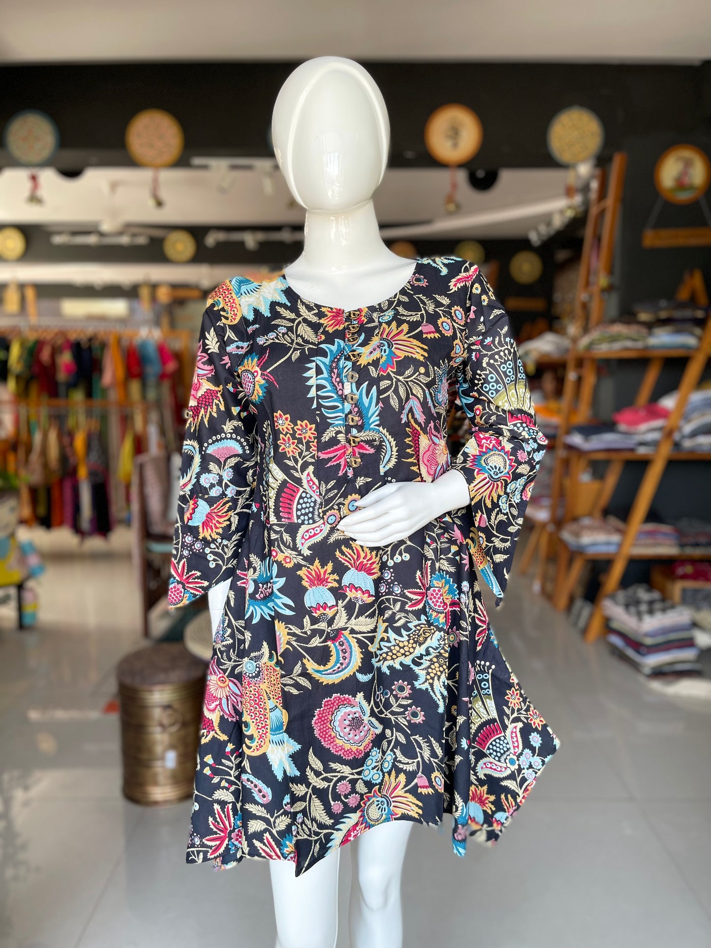 Black Cotton printed tunic with front buttons and long sleeves