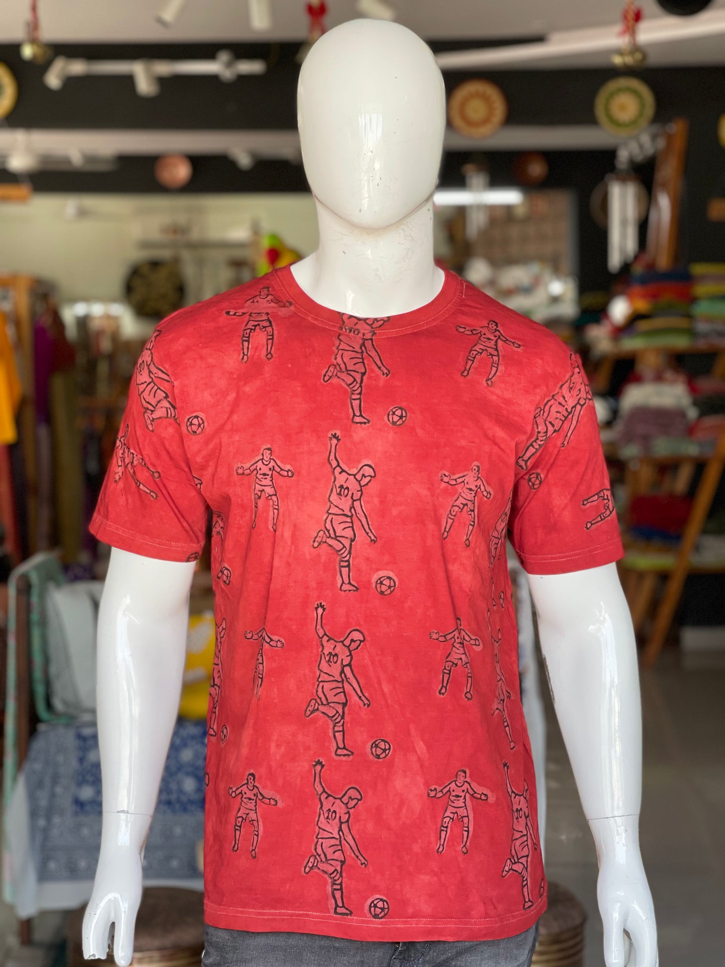 Football love - hand block printed natural dyed mens cotton t-shirt