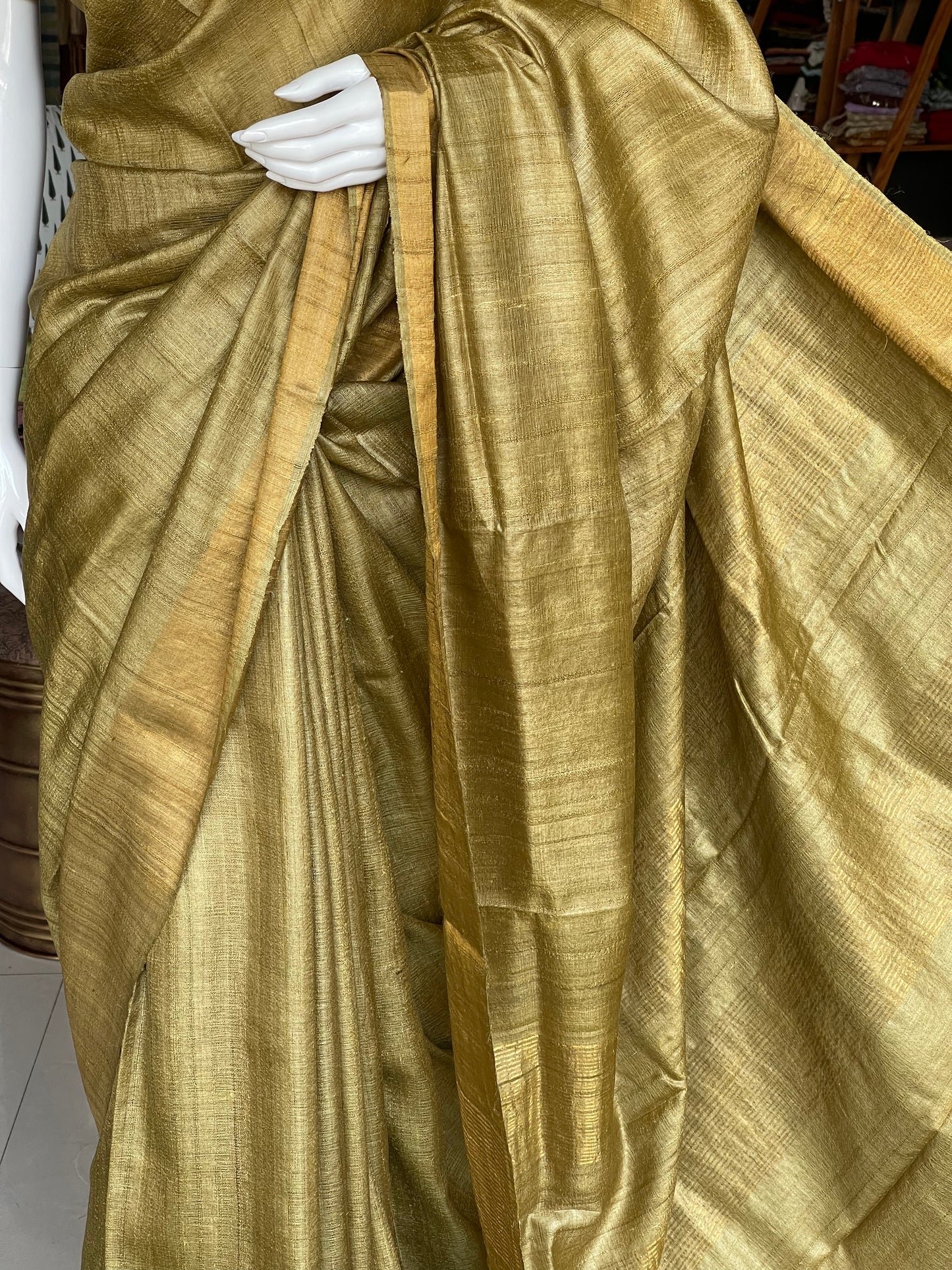 Natural haldi and harad dyed green pure tussar silk handloom saree