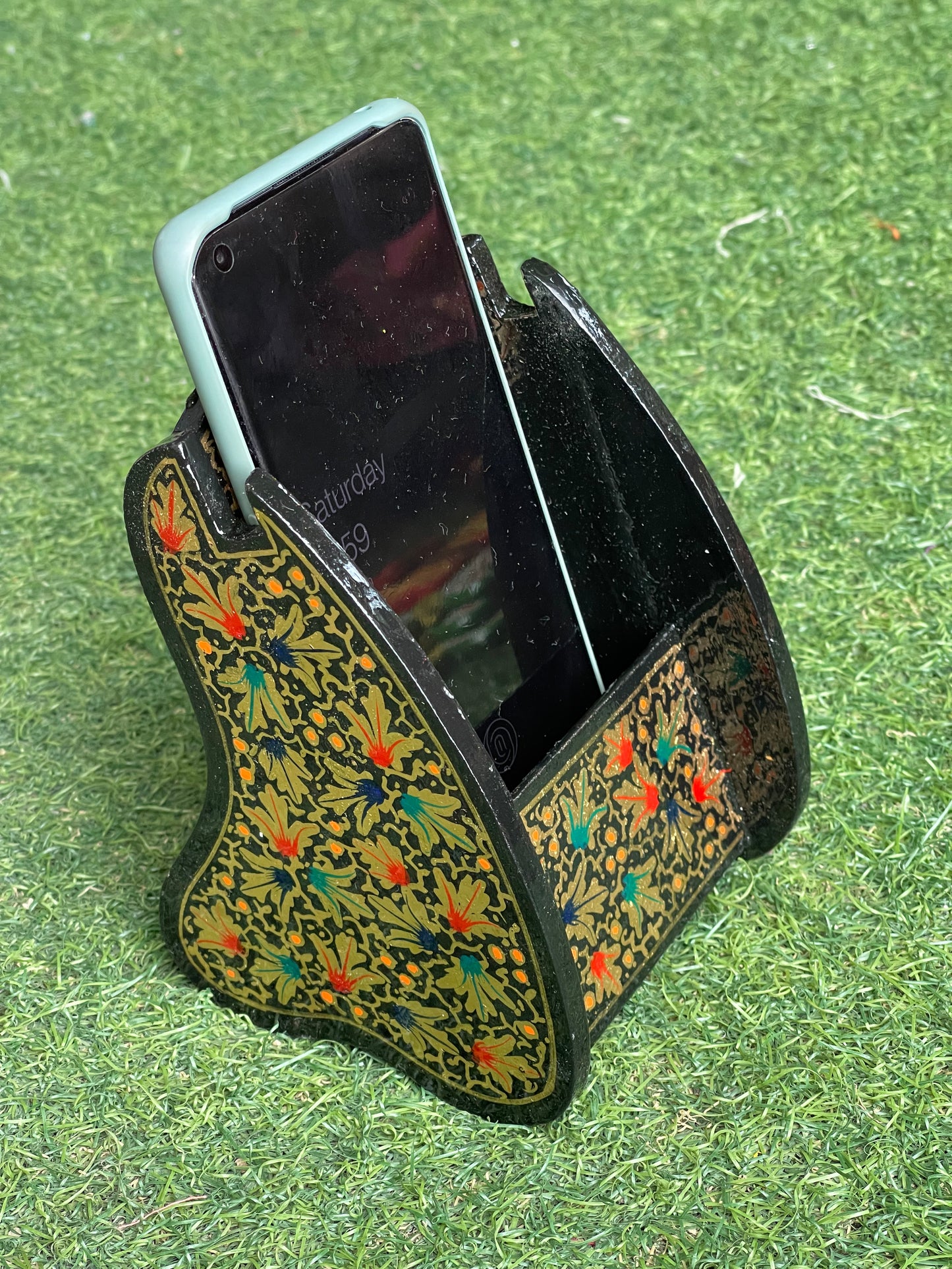 Papier mache hand painted mobile phone holder
