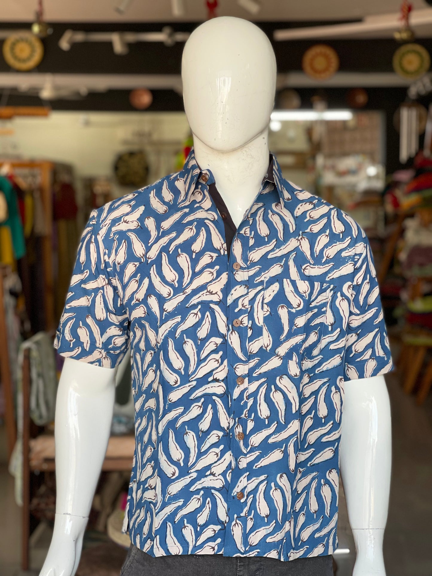 Blue mirchi print half sleeves mens natural dye, hand block printed cotton shirt