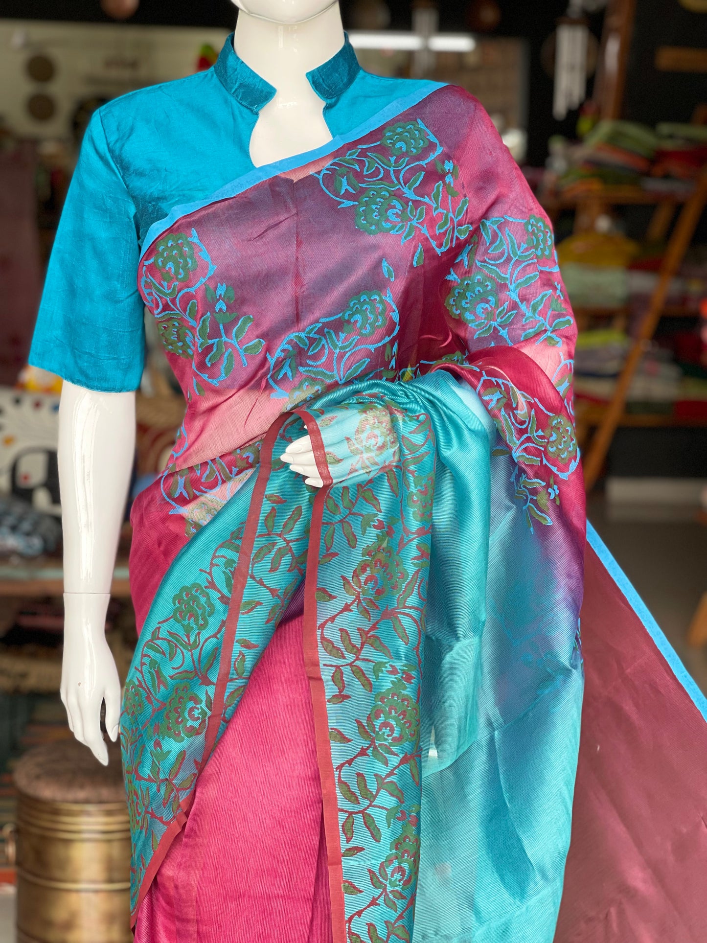 Pink and blue floral hand block pure silk sheer saree