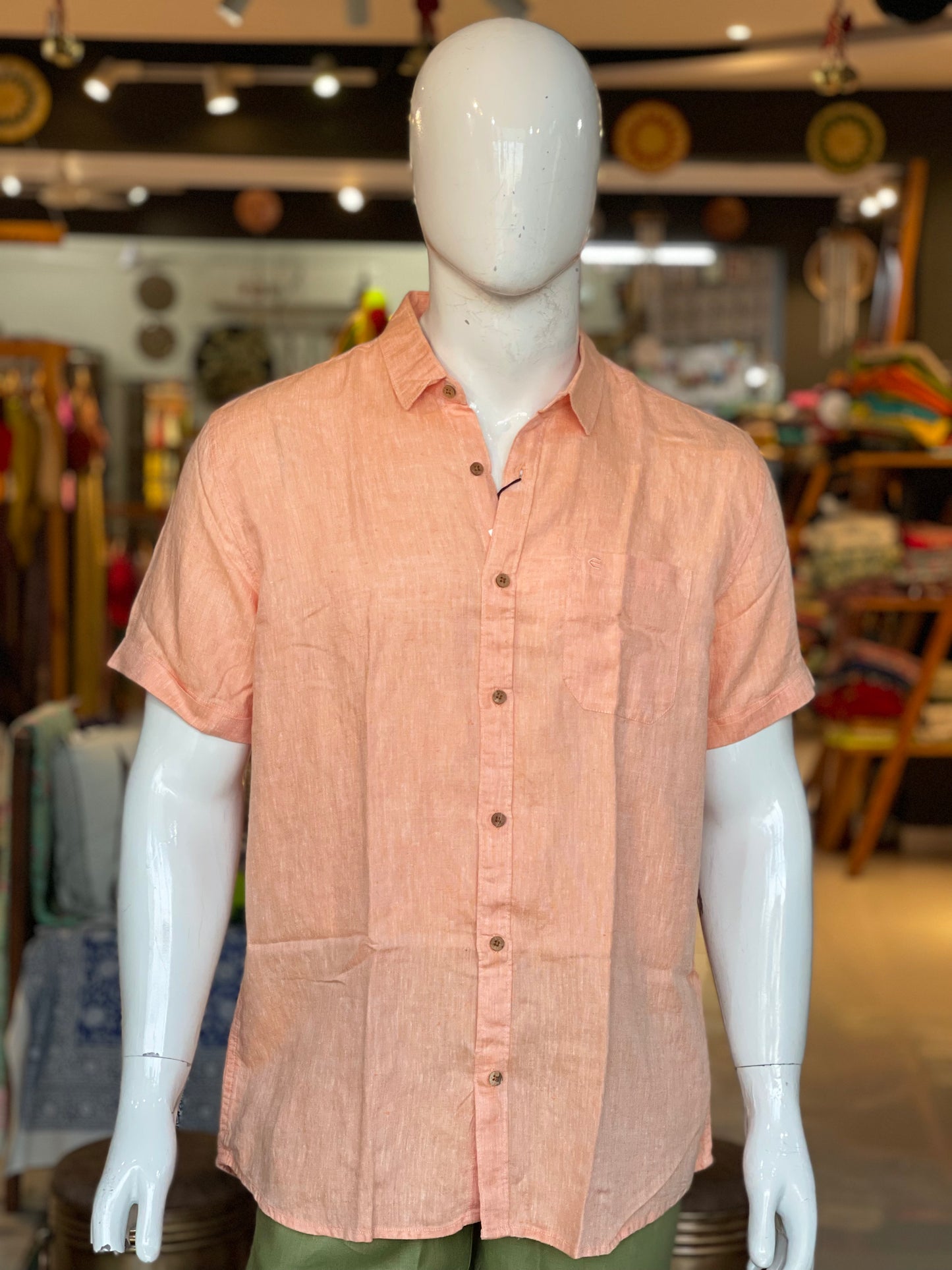 Orange half sleeves mens natural hemp fabric shirt