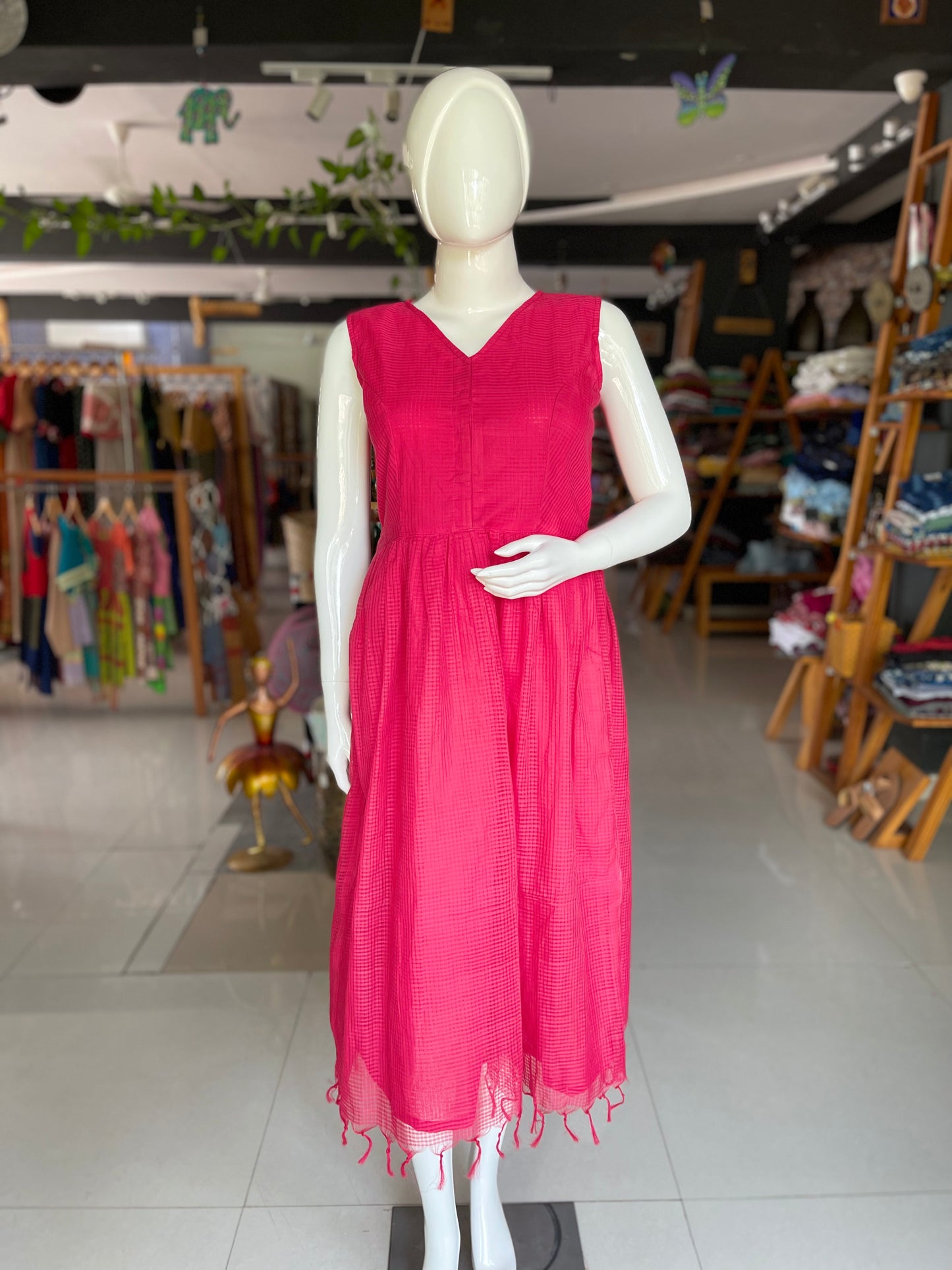 Pink mangalagiri missing checks weave handloom cotton dress with lining and pockets
