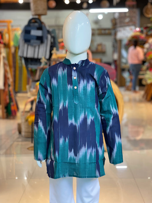 Blue n teal handloom cotton ikat full sleeves long kurta for boys