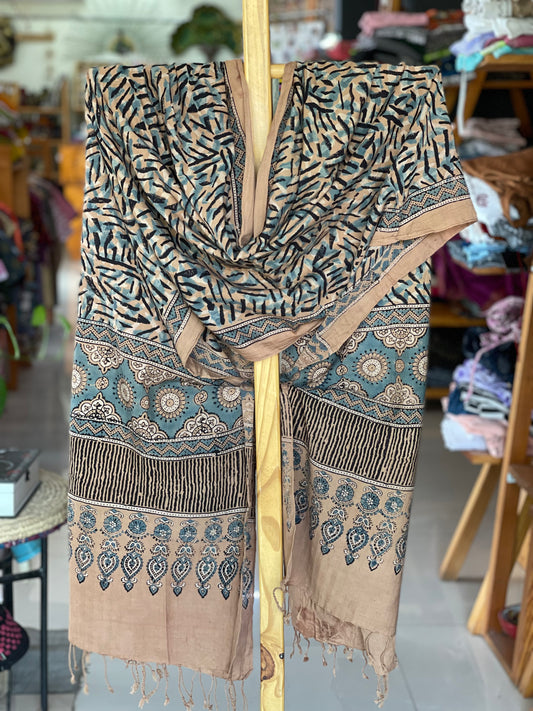 Light brown hand block printed ajrakh cotton handloom textured weave dupatta