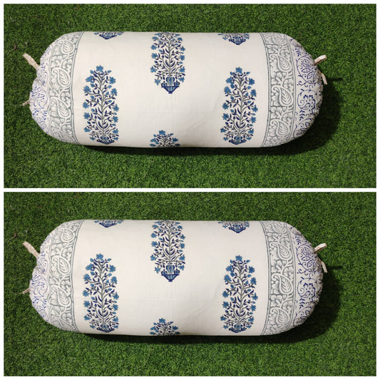 Blue on white hand block printed bolster covers pair