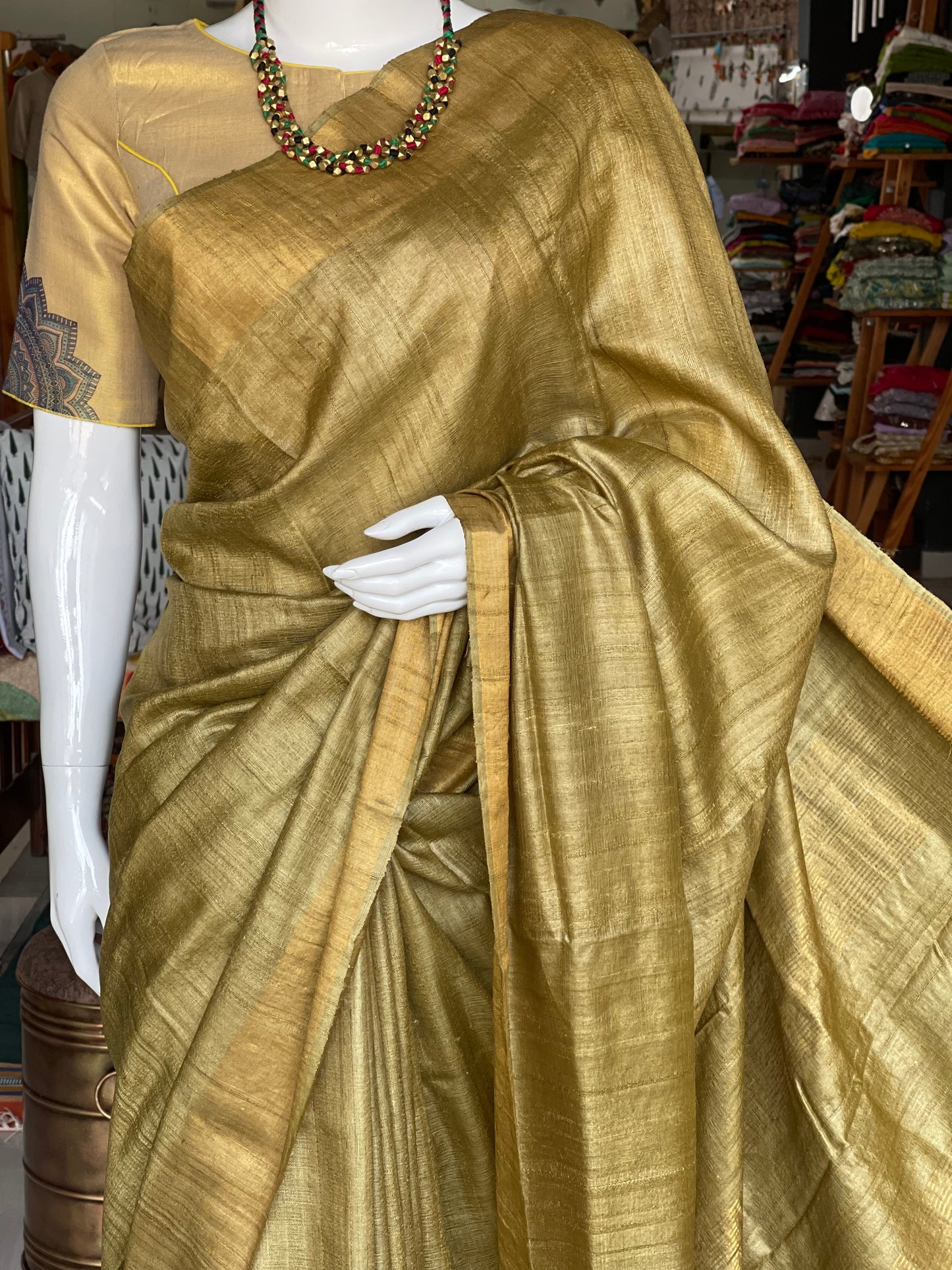 Natural haldi and harad dyed green pure tussar silk handloom saree