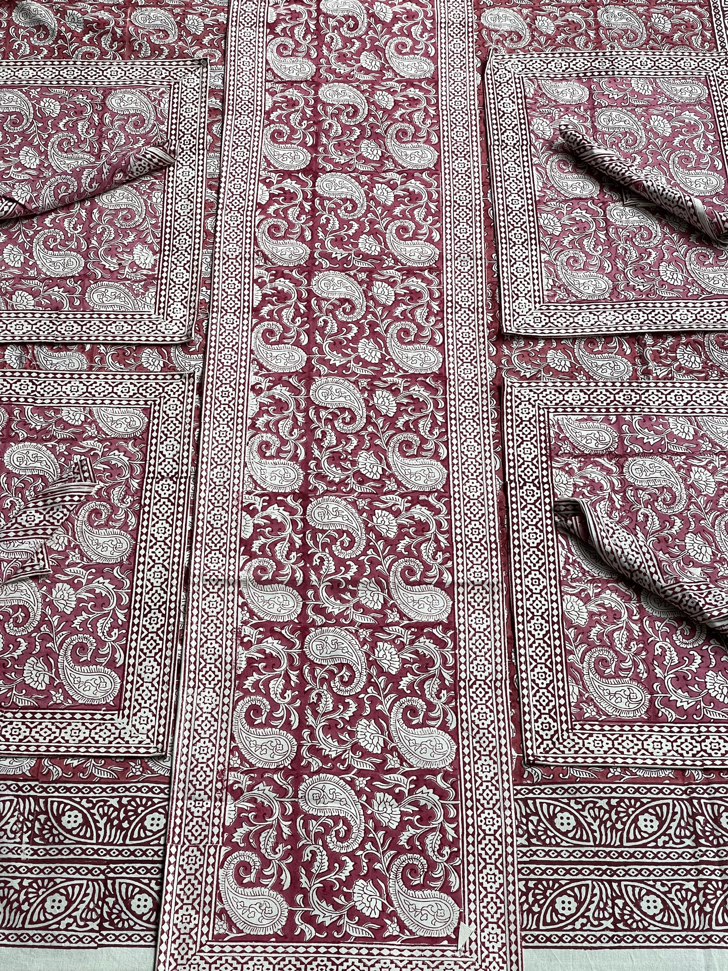 Dark pink floral hand block printed table cover, runner, 6 place mats and napkins set