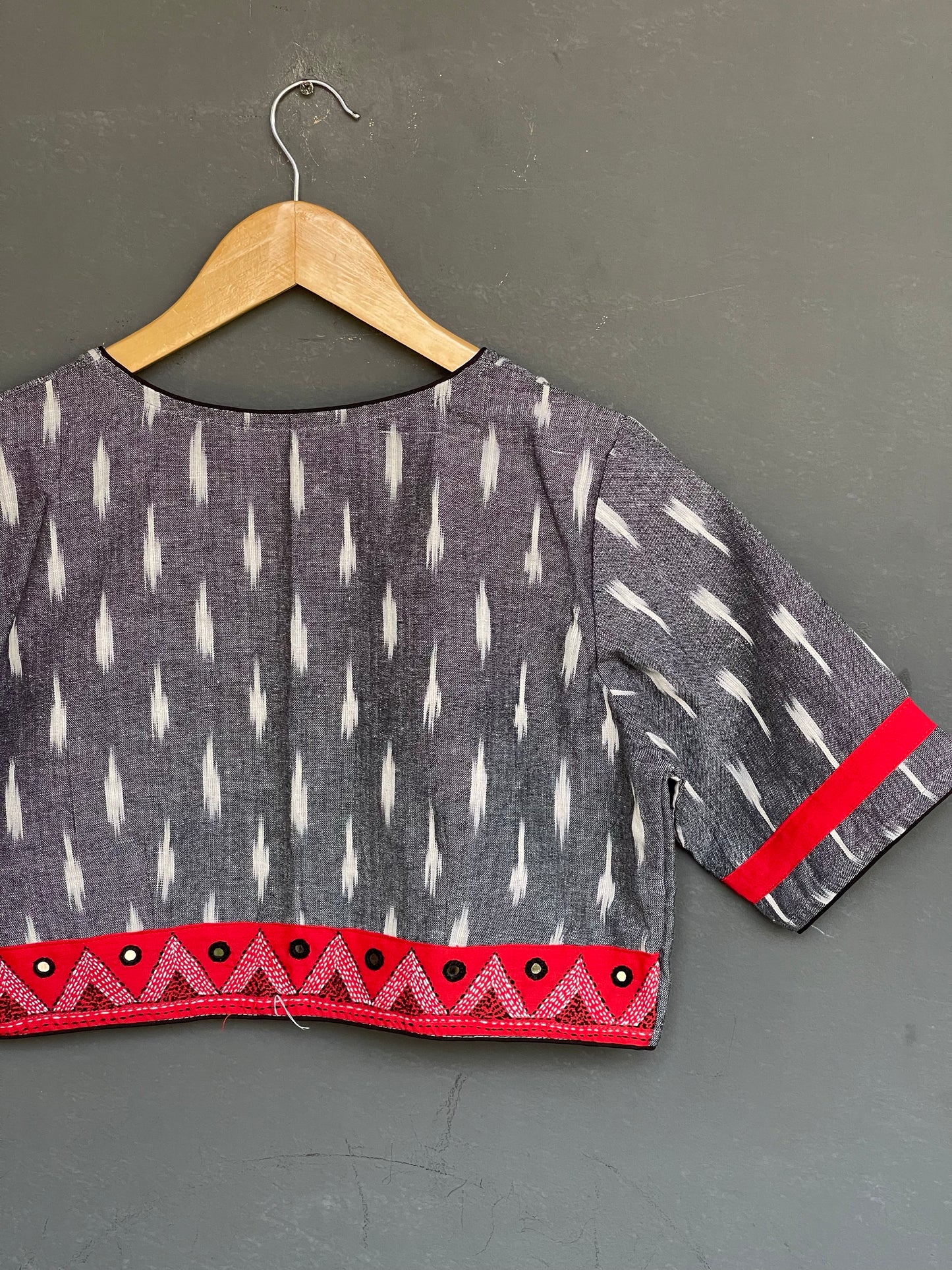 Grey cotton ikat with back border embroidery blouse