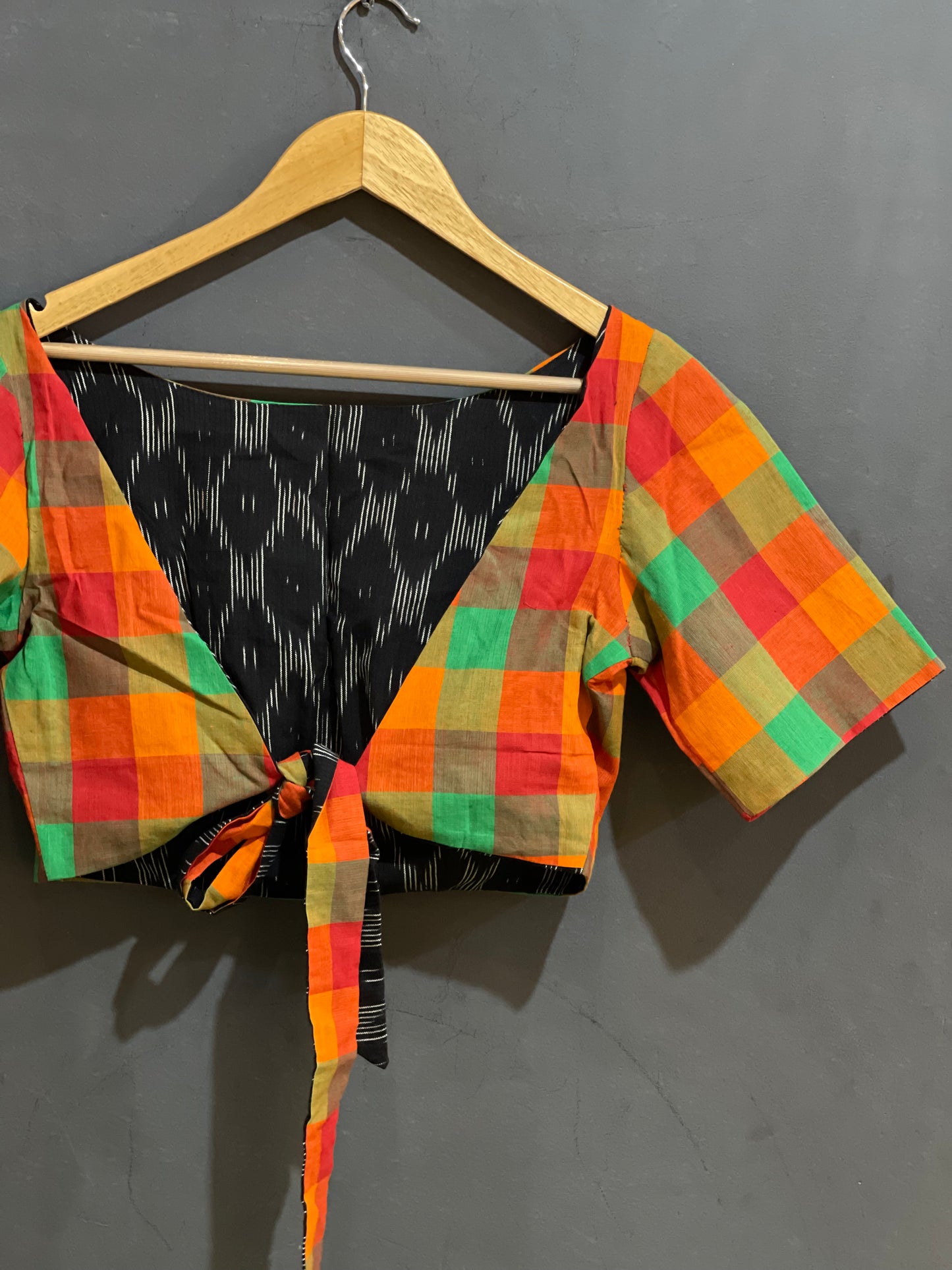 Reversible with sleeves cotton ikat and checks fabric - back tie blouse