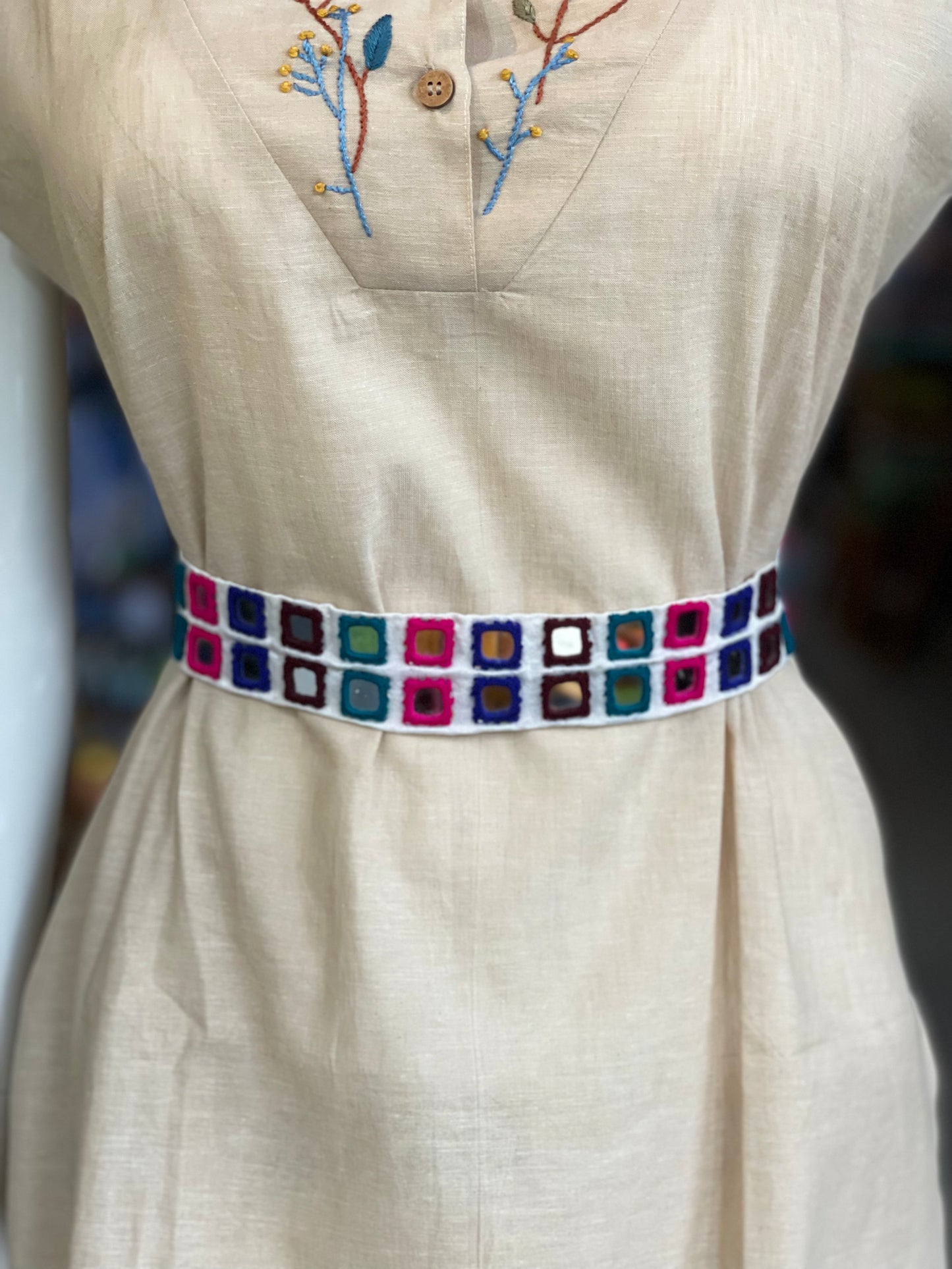 Double line colorful squares mirrors belt on cream base