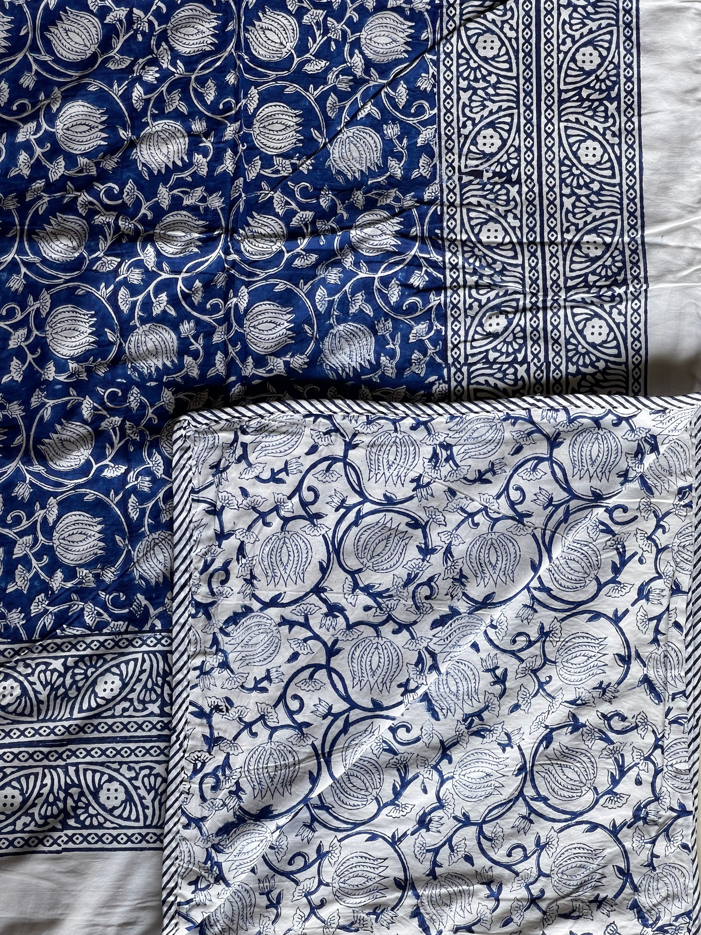 Blue and white floral hand block printed single reversible comforter