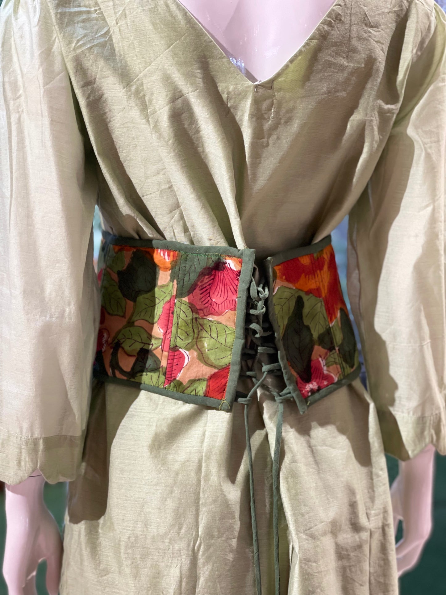 Reversible corset belt - one side plain and one side hand block print