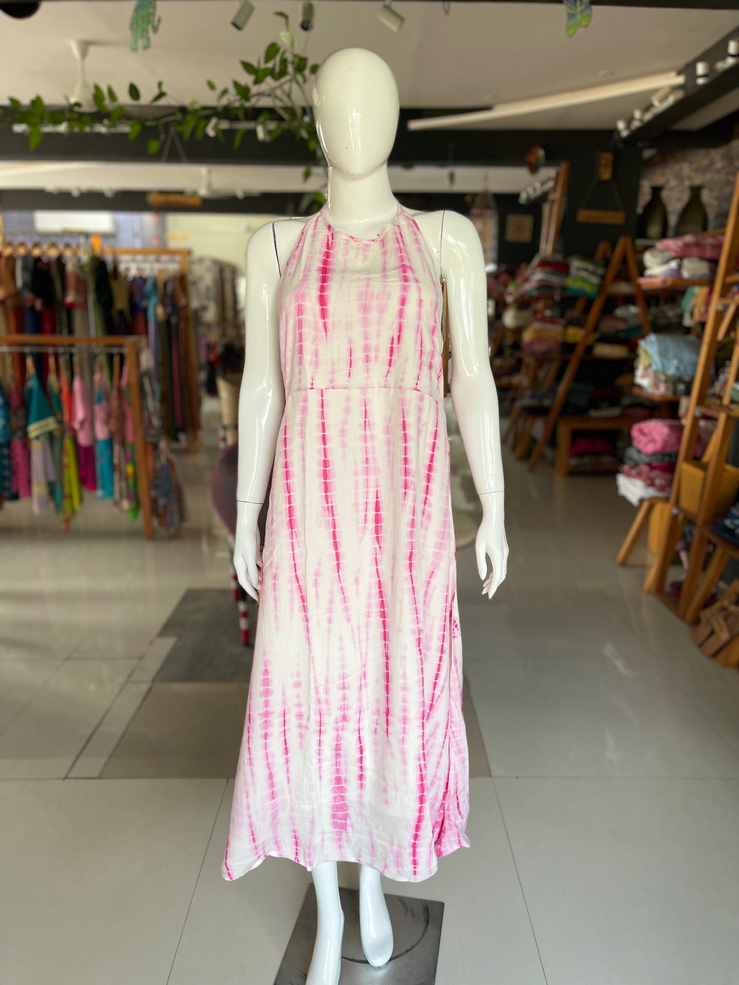 Pink rayon tie n dye halter neck maxi dress with back elastic