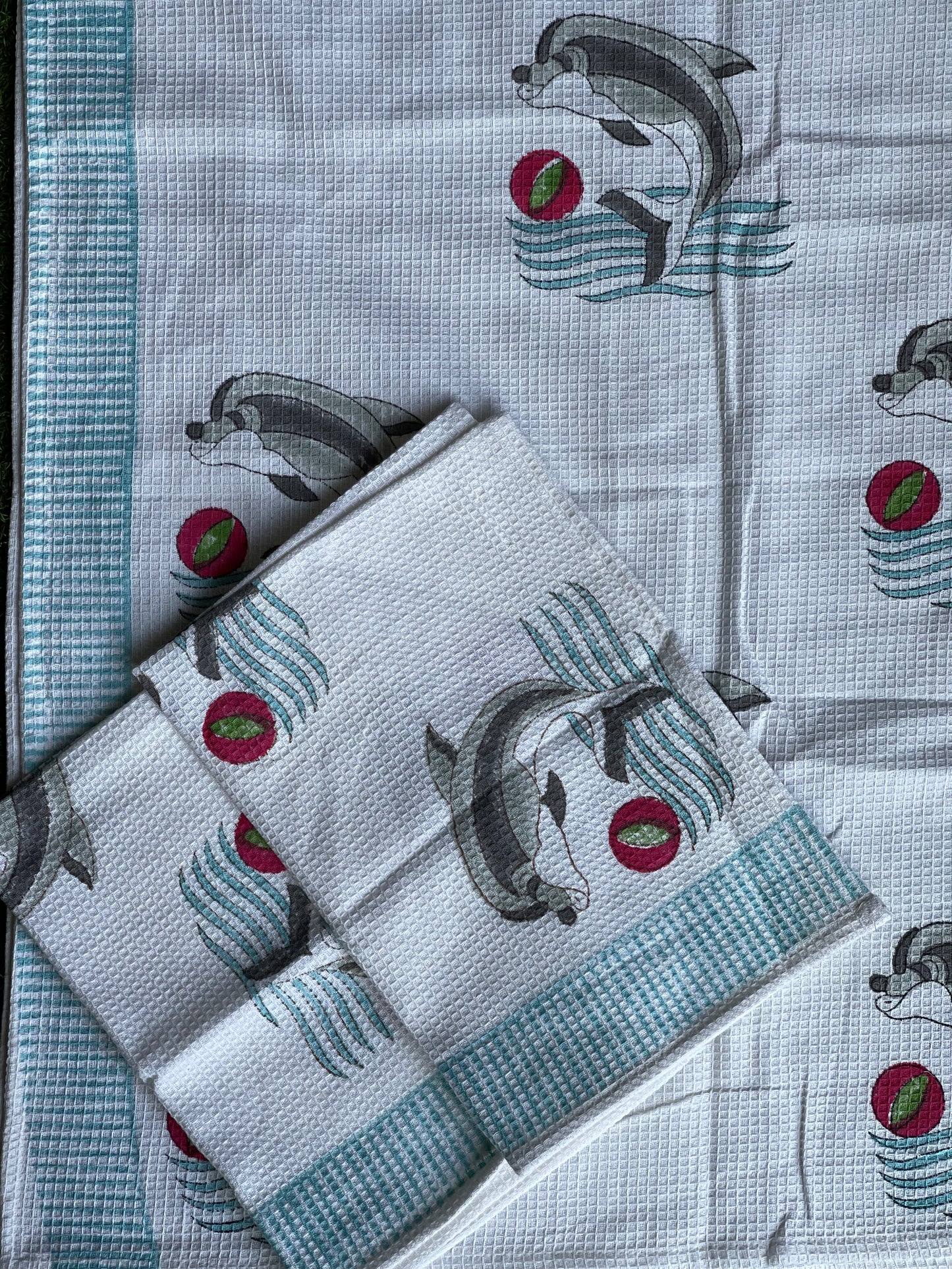 Dolphin hand block printed cotton bath towel and 2 hand towels set