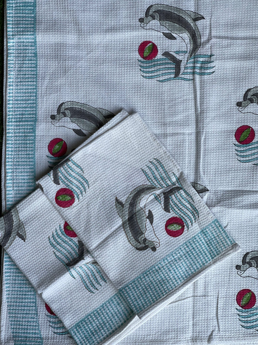 Dolphin hand block printed cotton bath towel and 2 hand towels set