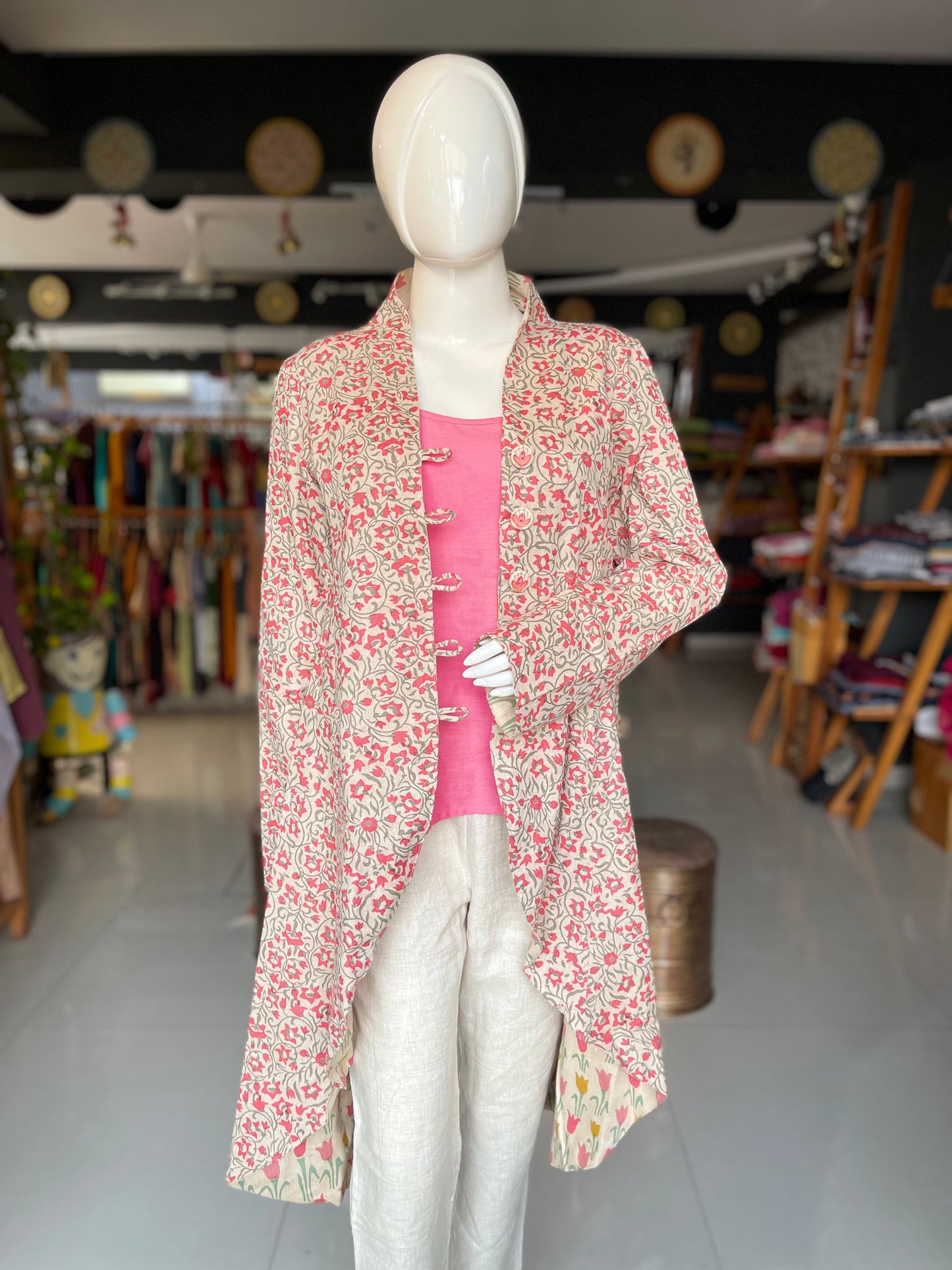 Cream floral printed reversible cotton long jacket
