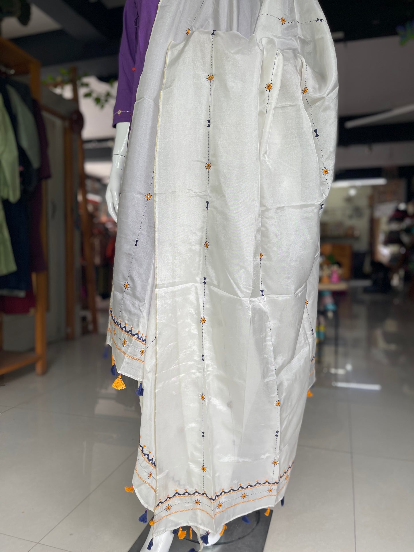 White silk dupatta with hand embroidered mirrors