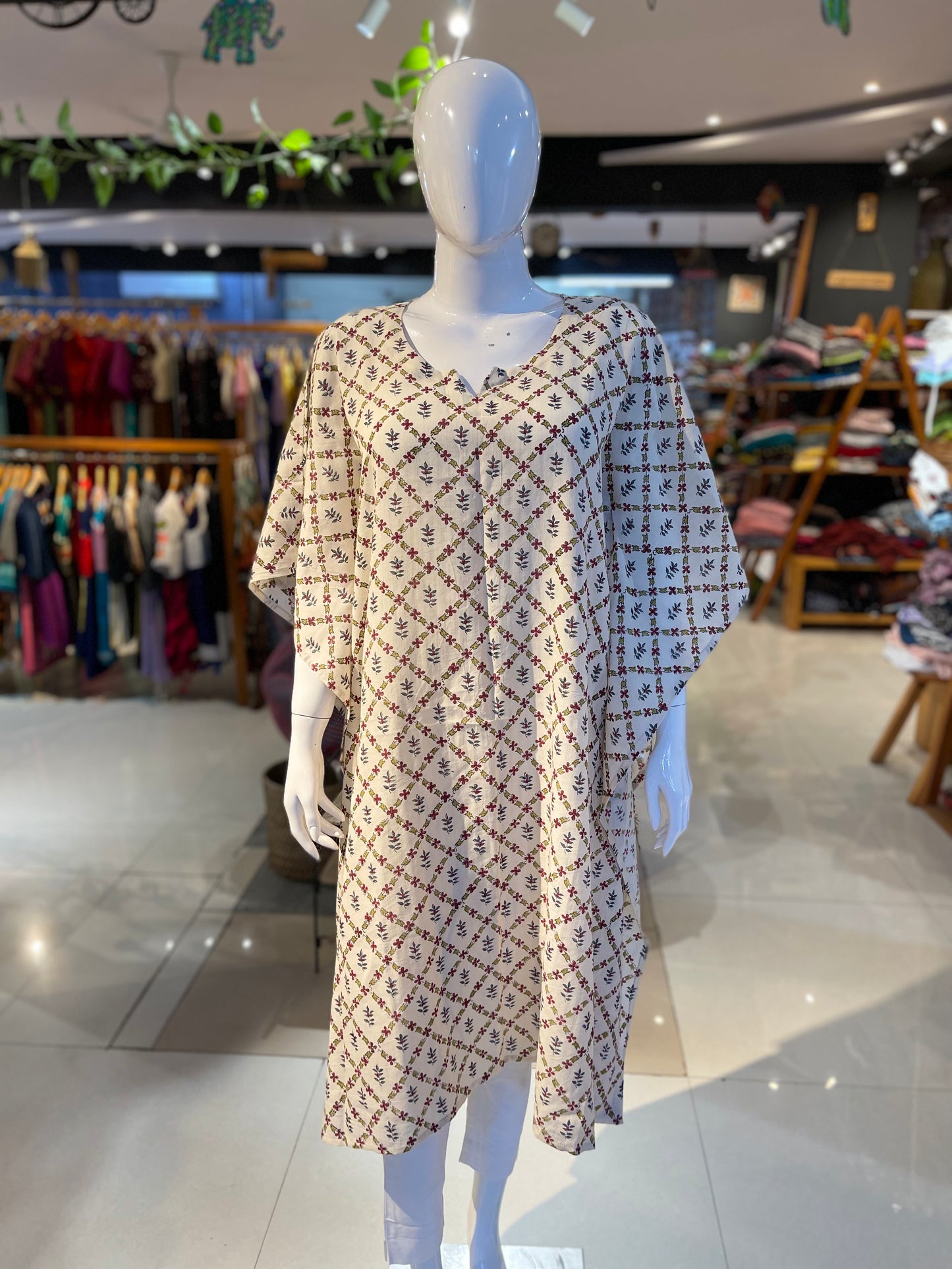 Off white hand block printed handloom cotton kaftan